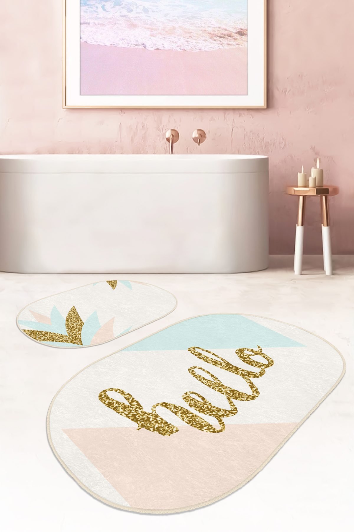 Soft Renkli Gold Detaylı Hello Temalı 2'li Oval Kaymaz Tabanlı Banyo & Mutfak Paspas Takımı Realhomes