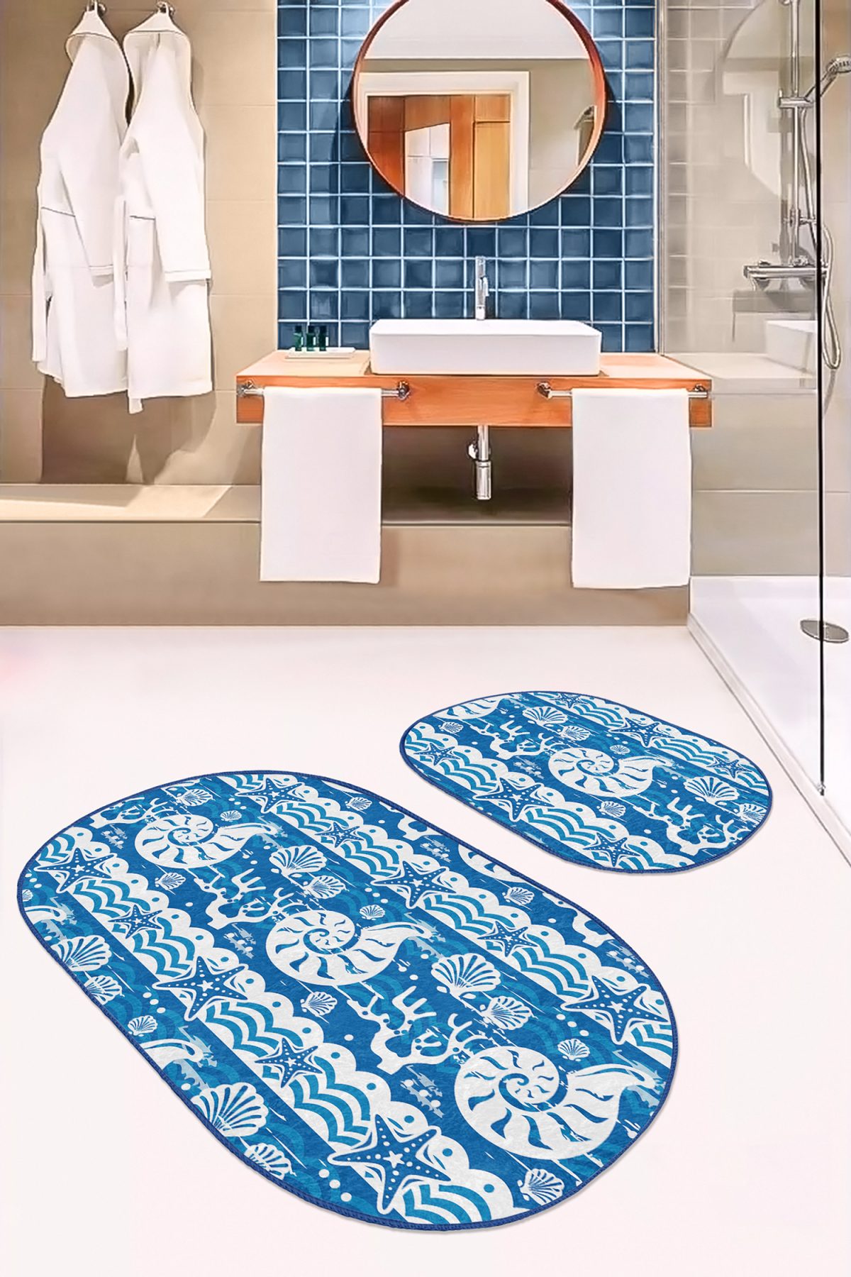Mavi Deniz Temalı Dijital Baskılı 2'li Oval Kaymaz Tabanlı Banyo & Mutfak Paspas Takımı Realhomes