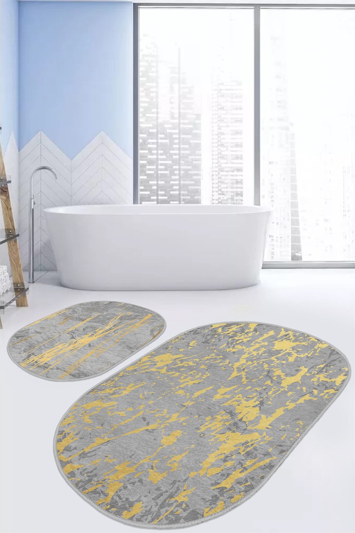 Gri Gold Detaylı Mermer Motifli 2'li Oval Kaymaz Tabanlı Banyo & Mutfak Paspas Takımı Realhomes