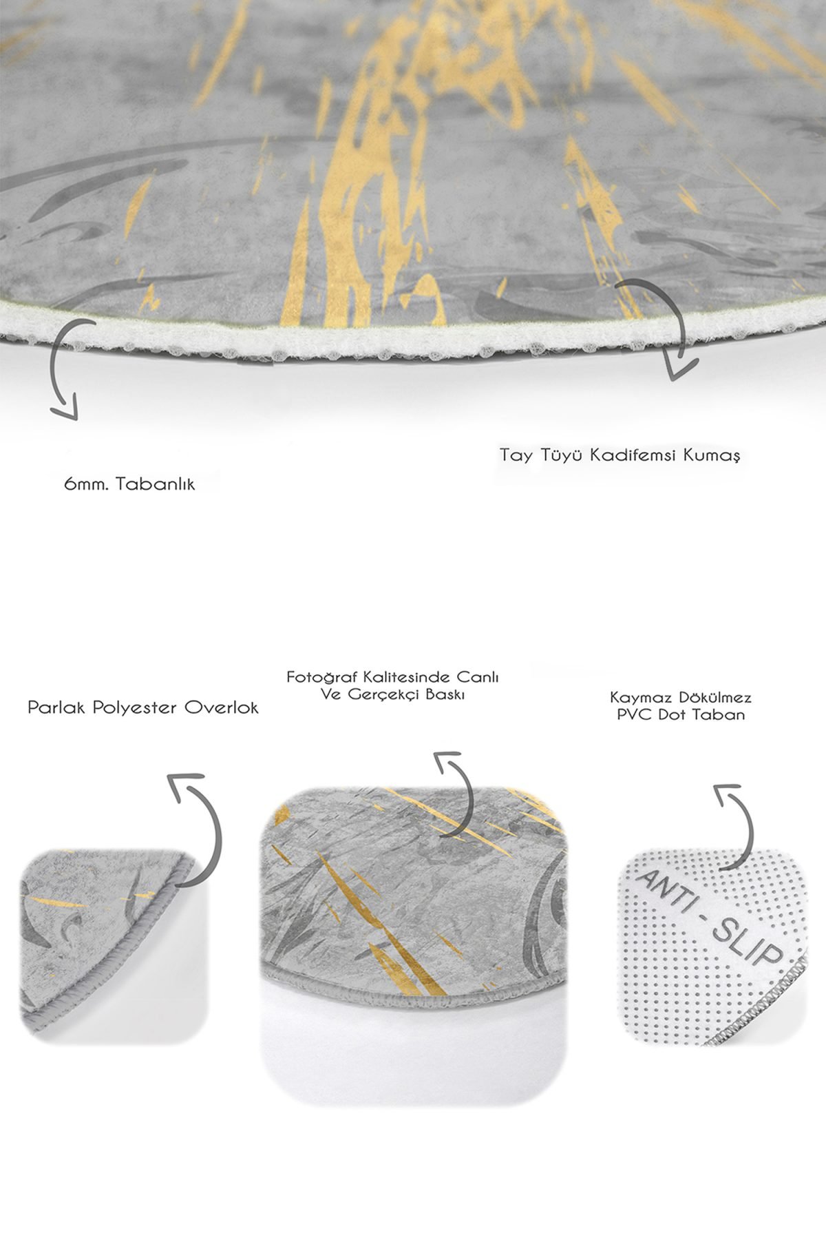 Gri Gold Detaylı Mermer Motifli 2'li Oval Kaymaz Tabanlı Banyo & Mutfak Paspas Takımı Realhomes
