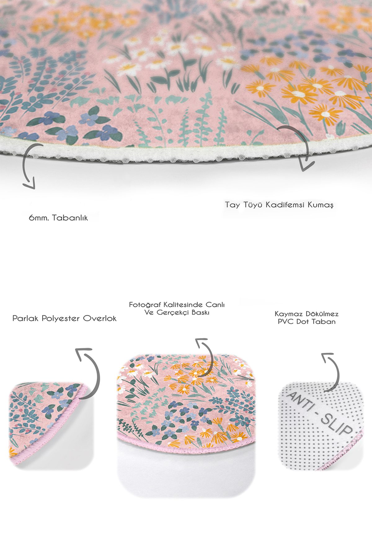Pudra Zeminde Onedraw Çizimli Çiçek Desenli Dijital Baskılı 2'li Oval Kaymaz Tabanlı Banyo & Mutfak Paspas Takımı Realhomes