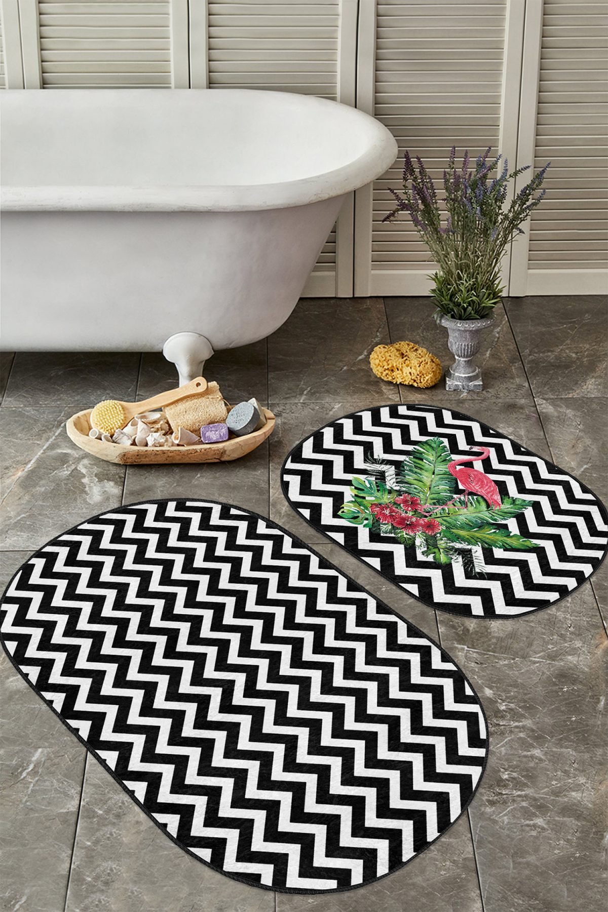 Siyah Zigzag Zeminli Flamingo Motifli 2'li Oval Kaymaz Tabanlı Banyo & Mutfak Paspas Takımı Realhomes