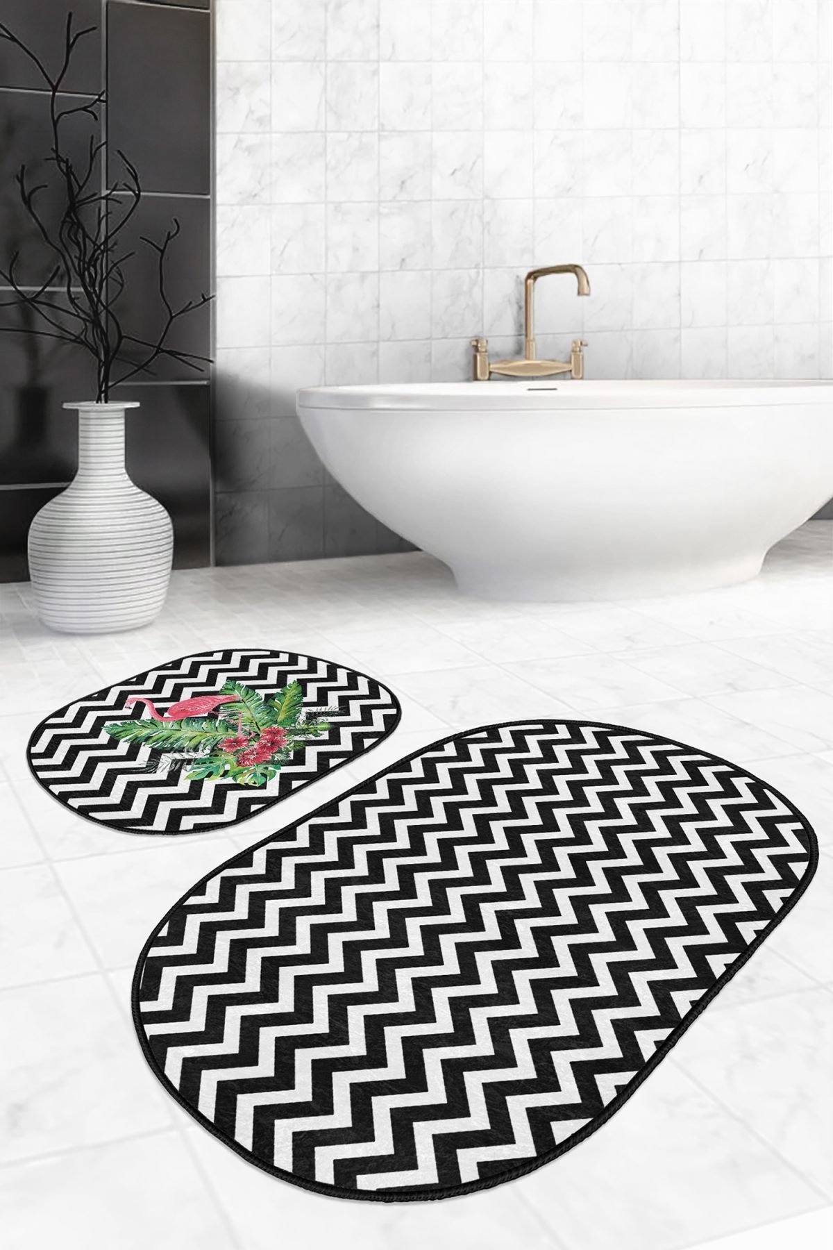 Siyah Zigzag Zeminli Flamingo Motifli 2'li Oval Kaymaz Tabanlı Banyo & Mutfak Paspas Takımı Realhomes