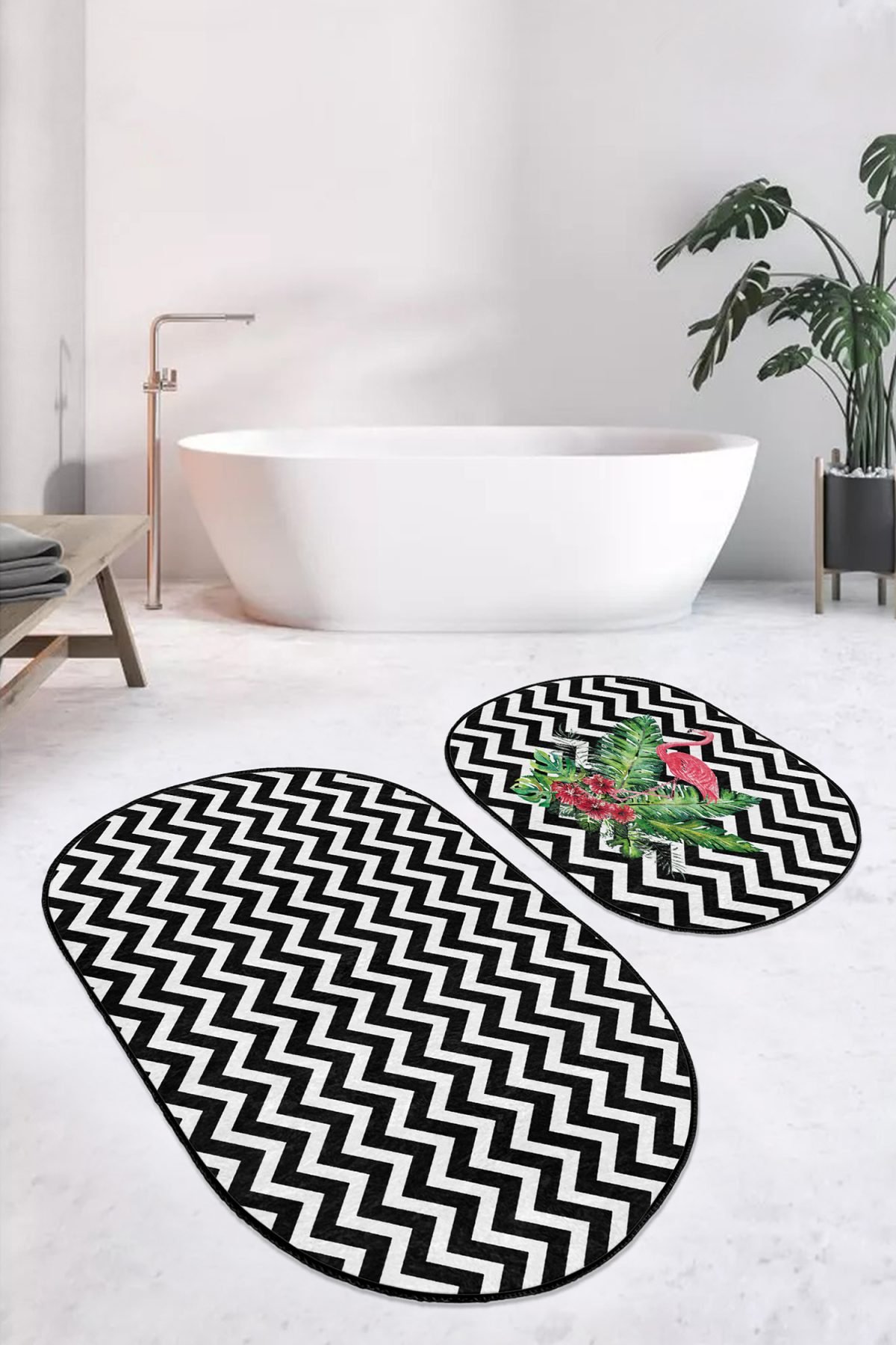 Siyah Zigzag Zeminli Flamingo Motifli 2'li Oval Kaymaz Tabanlı Banyo & Mutfak Paspas Takımı Realhomes