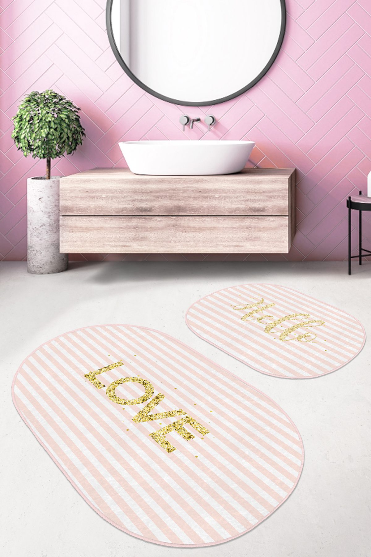 Pembe Çizgili Gold Detaylı Love Motifli 2'li Oval Kaymaz Tabanlı Banyo & Mutfak Paspas Takımı Realhomes