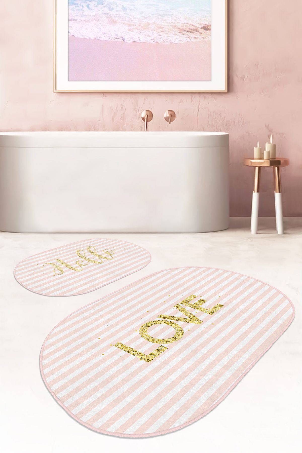 Pembe Çizgili Gold Detaylı Love Motifli 2'li Oval Kaymaz Tabanlı Banyo & Mutfak Paspas Takımı Realhomes