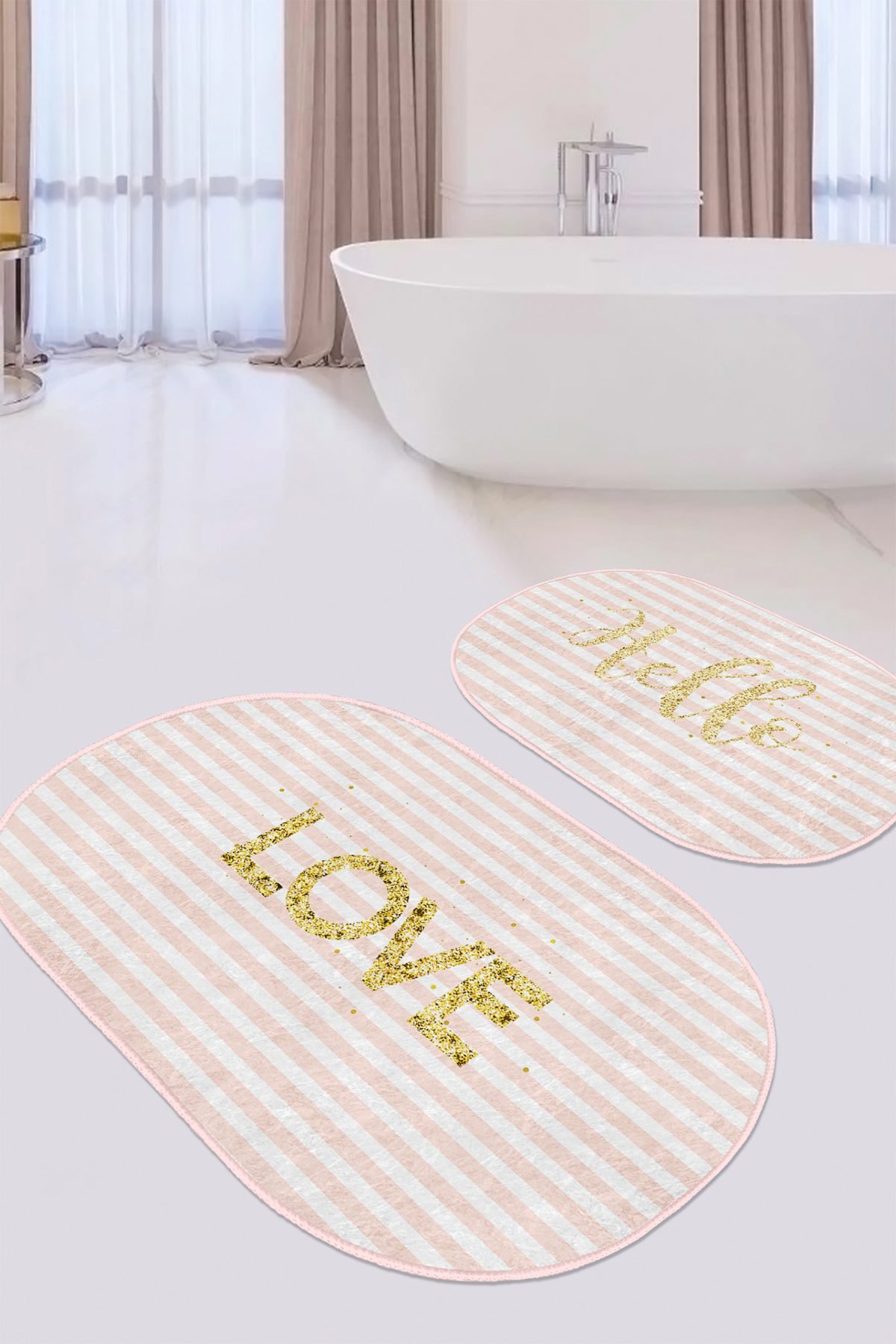 Pembe Çizgili Gold Detaylı Love Motifli 2'li Oval Kaymaz Tabanlı Banyo & Mutfak Paspas Takımı Realhomes