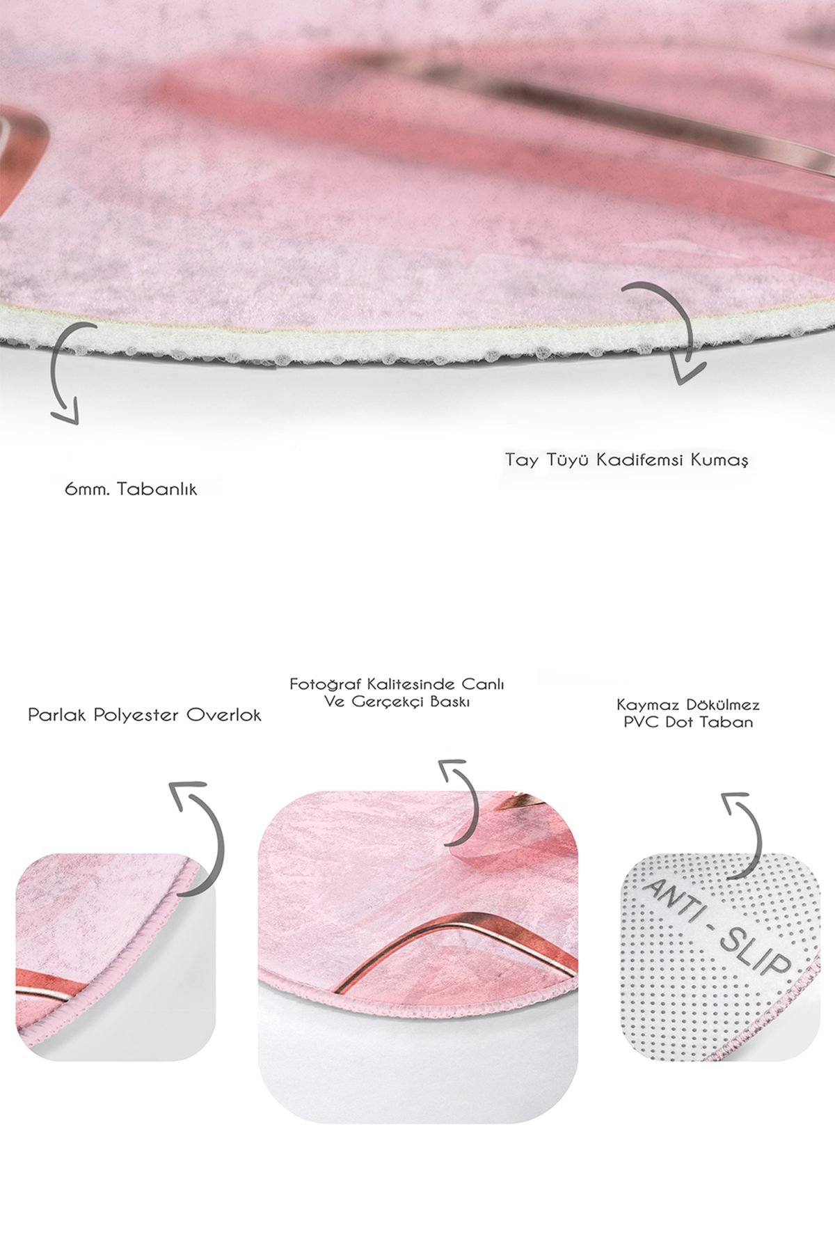 Pembe Gold Detaylı Terlik Tasarımlı 2'li Oval Kaymaz Tabanlı Banyo & Mutfak Paspas Takımı Realhomes