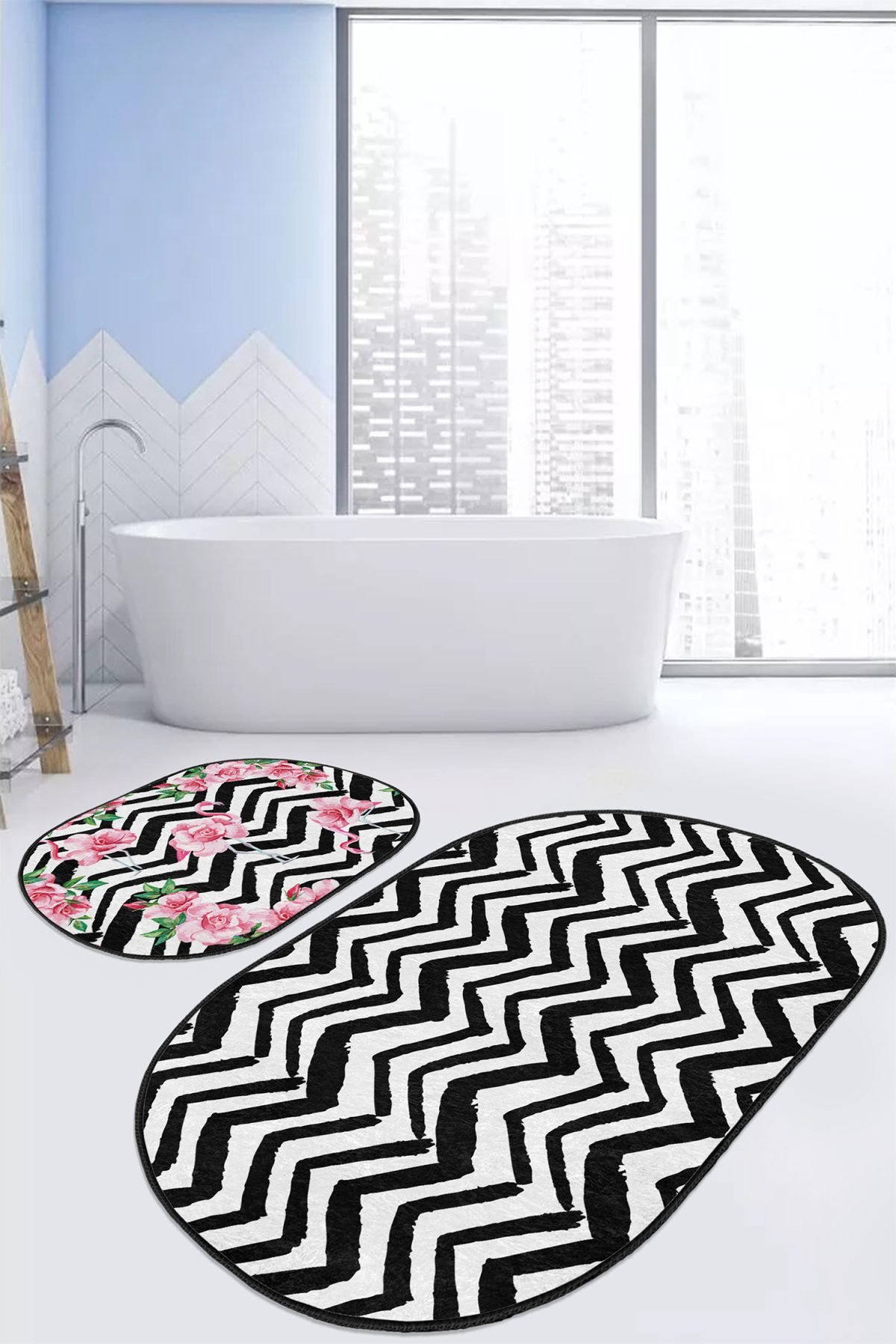 Siyah Zigzag Temalı Flamingo Motifli 2'li Oval Kaymaz Tabanlı Banyo & Mutfak Paspas Takımı Realhomes