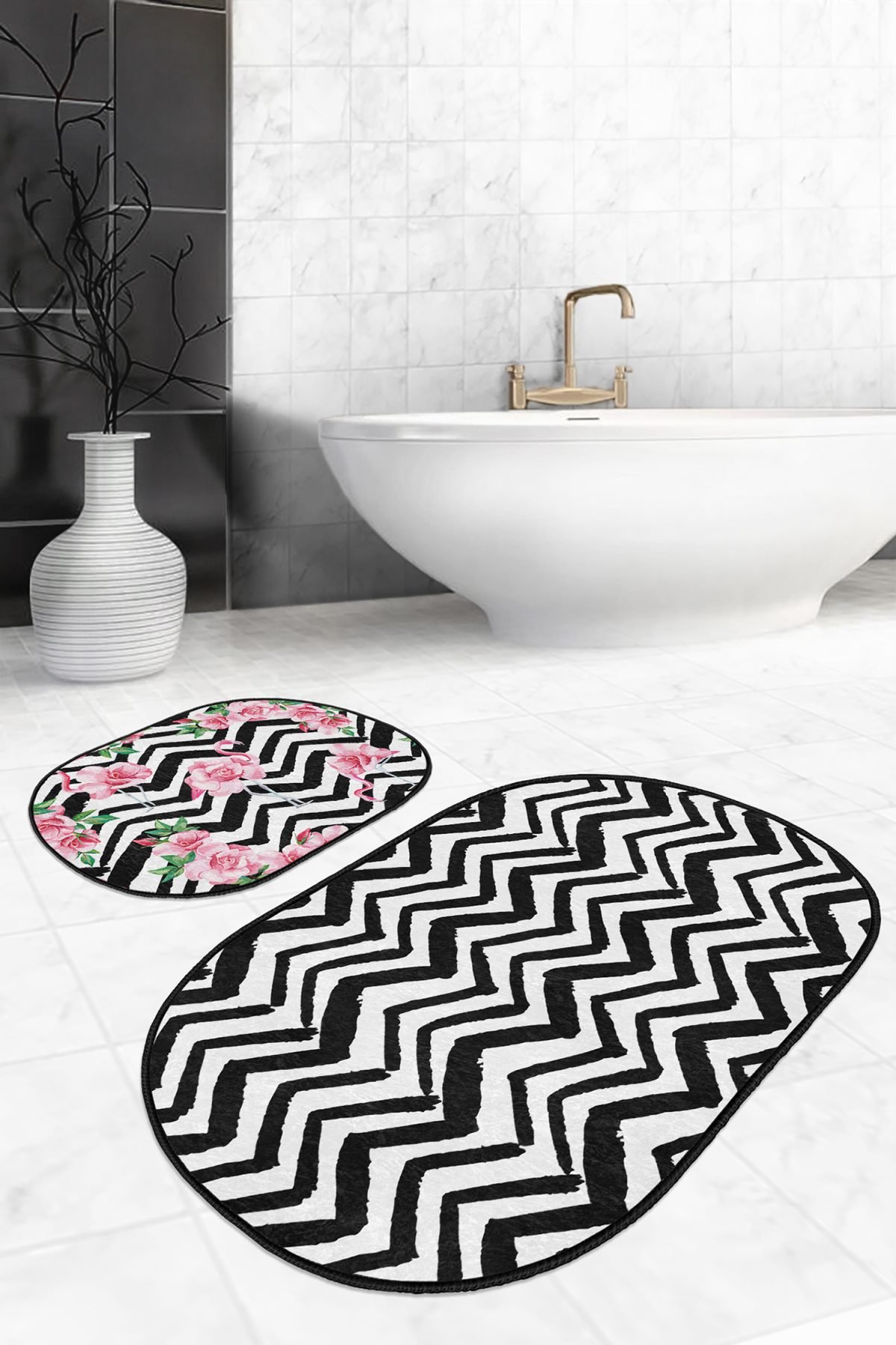 Siyah Zigzag Temalı Flamingo Motifli 2'li Oval Kaymaz Tabanlı Banyo & Mutfak Paspas Takımı Realhomes