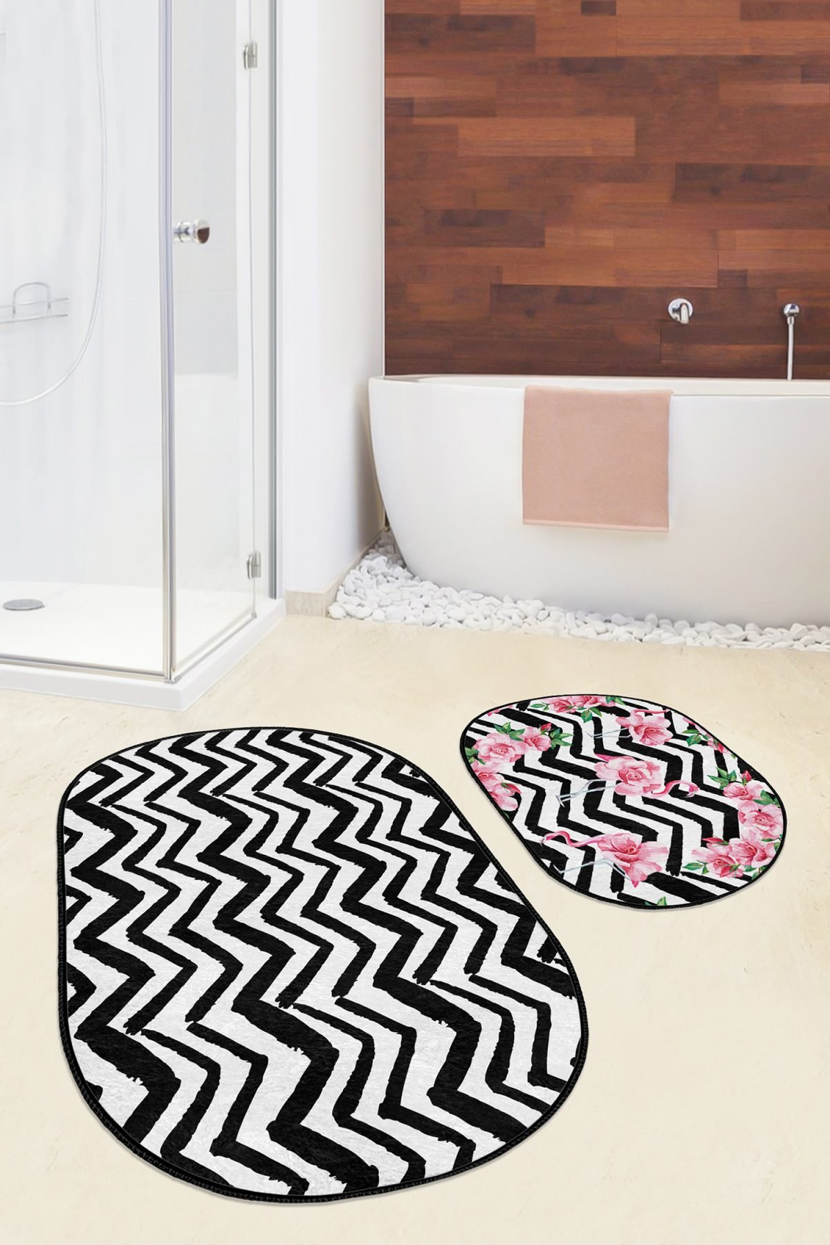 Siyah Zigzag Temalı Flamingo Motifli 2'li Oval Kaymaz Tabanlı Banyo & Mutfak Paspas Takımı Realhomes