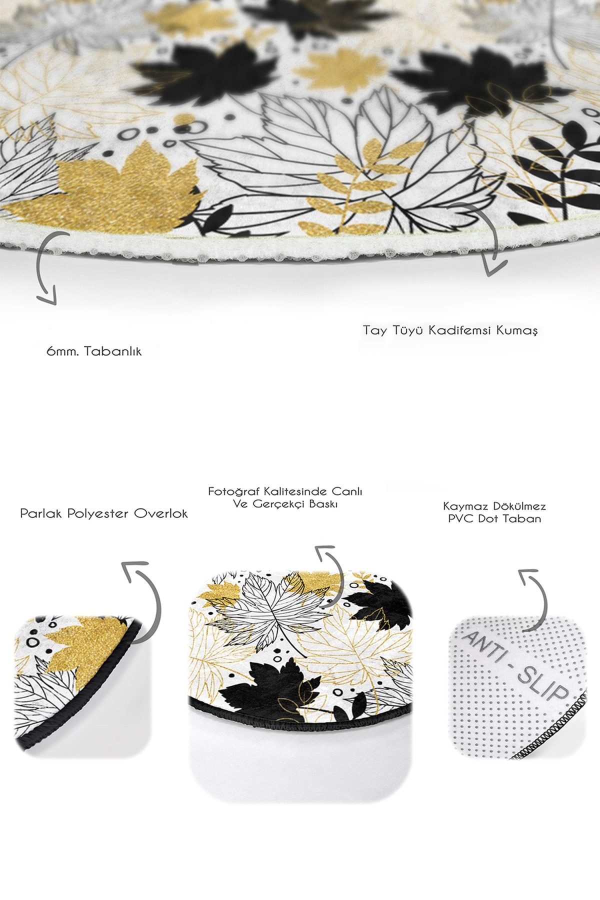 Gold Detaylı Sonbahar Yaprakları Özel Tasarımlı 2'li Oval Kaymaz Tabanlı Banyo & Mutfak Paspas Takımı Realhomes