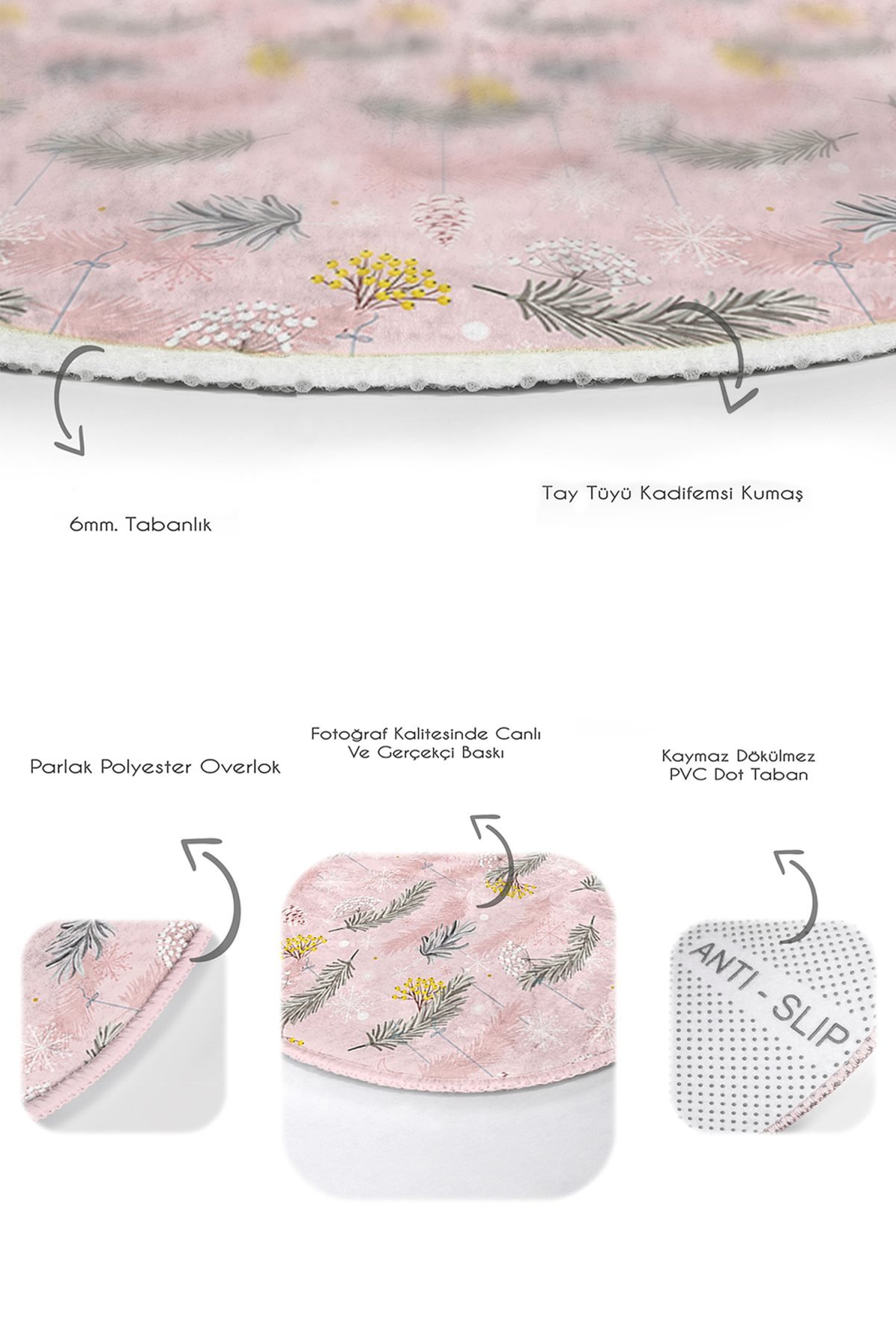 Pembe Zeminli Çam Yaprakları Özel Tasarım 2'li Oval Kaymaz Tabanlı Banyo & Mutfak Paspas Takımı Realhomes