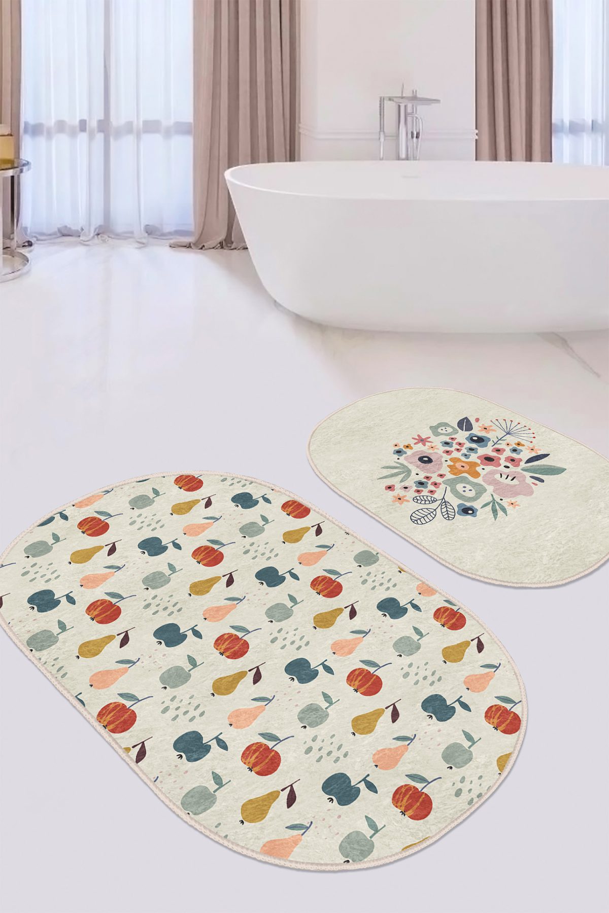 Renkli Meyveler Özel Tasarım Çiçek Motifli 2'li Oval Kaymaz Tabanlı Banyo & Mutfak Paspas Takımı Realhomes