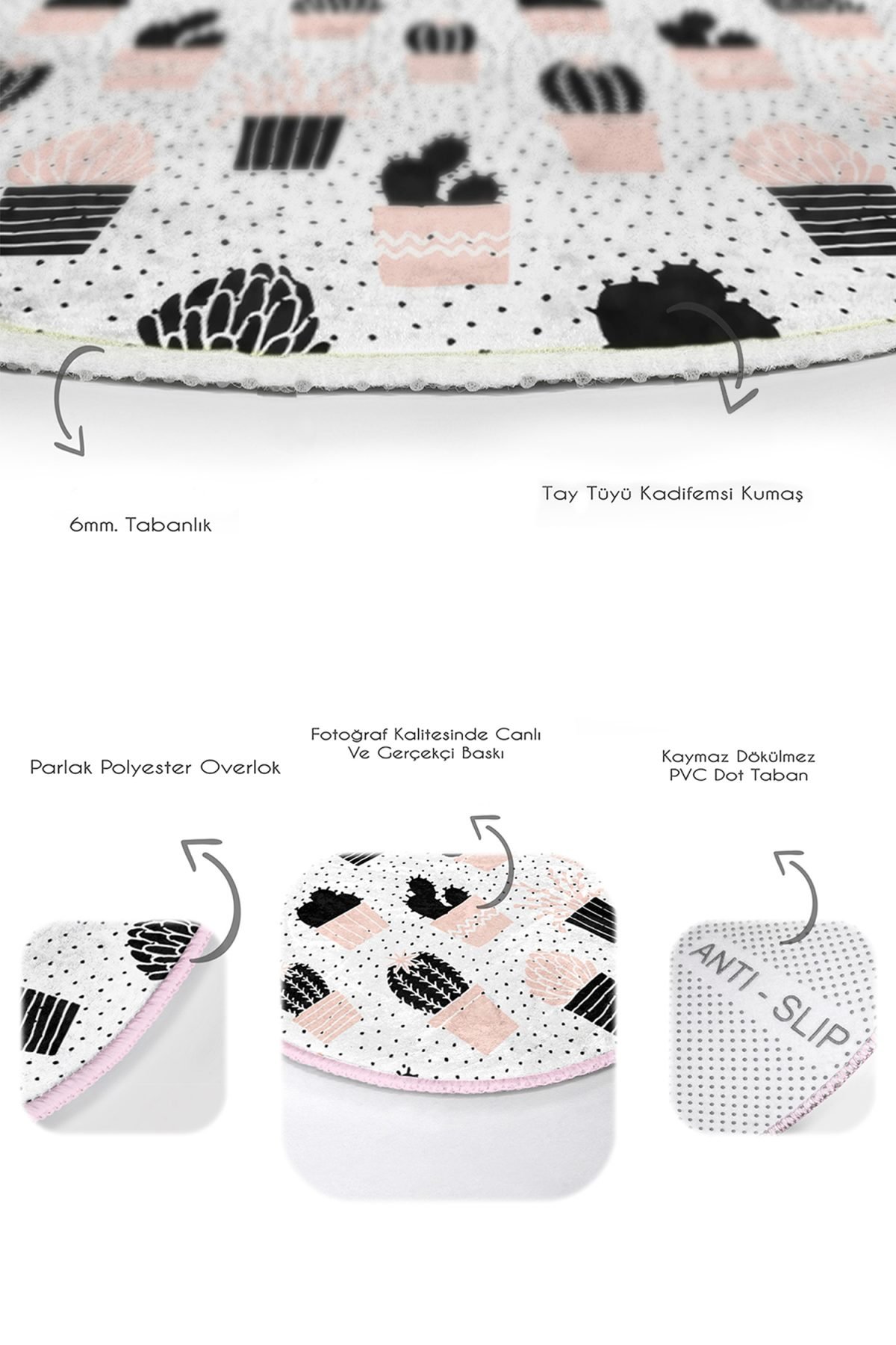 Puantiye Zeminli Kaktüs Motifli Dijital Baskılı 2'li Oval Kaymaz Tabanlı Banyo & Mutfak Paspas Takımı Realhomes
