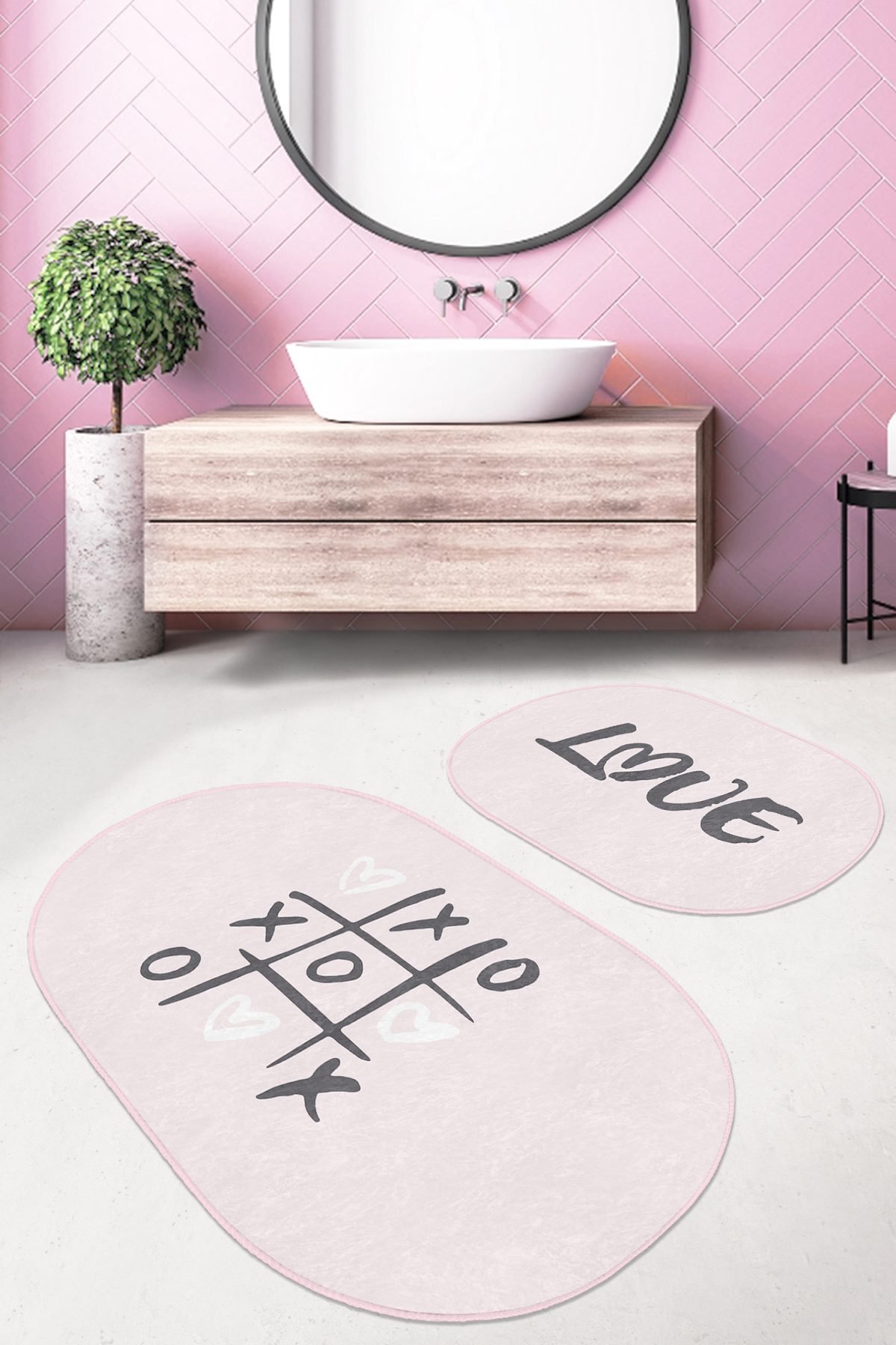 Love Temalı Pembe Zemin Dijital Baskılı 2'li Oval Kaymaz Tabanlı Banyo & Mutfak Paspas Takımı Realhomes