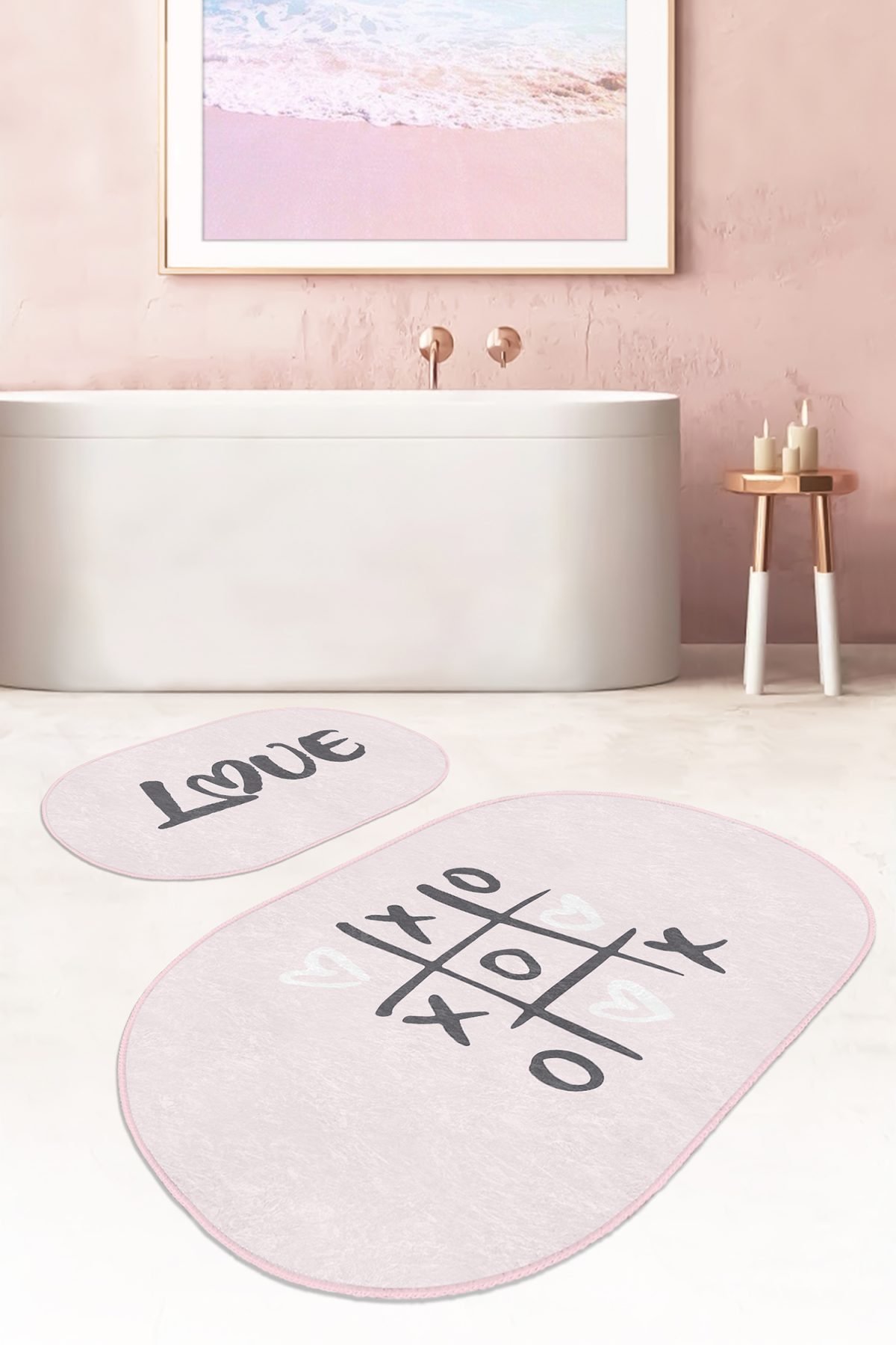 Love Temalı Pembe Zemin Dijital Baskılı 2'li Oval Kaymaz Tabanlı Banyo & Mutfak Paspas Takımı Realhomes