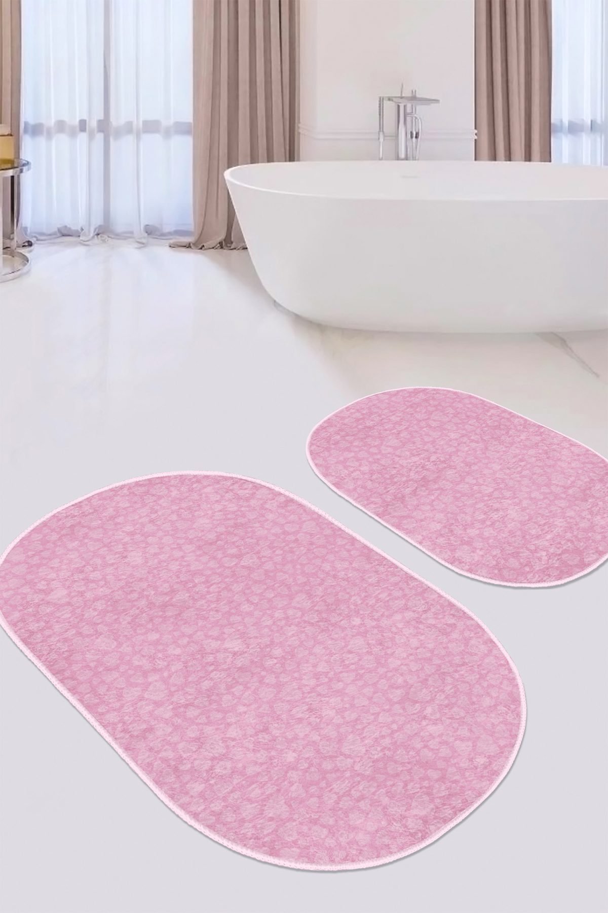 Pembe Temalı Love Tasarımlı Dijital Baskılı 2'li Oval Kaymaz Tabanlı Banyo & Mutfak Paspas Takımı Realhomes