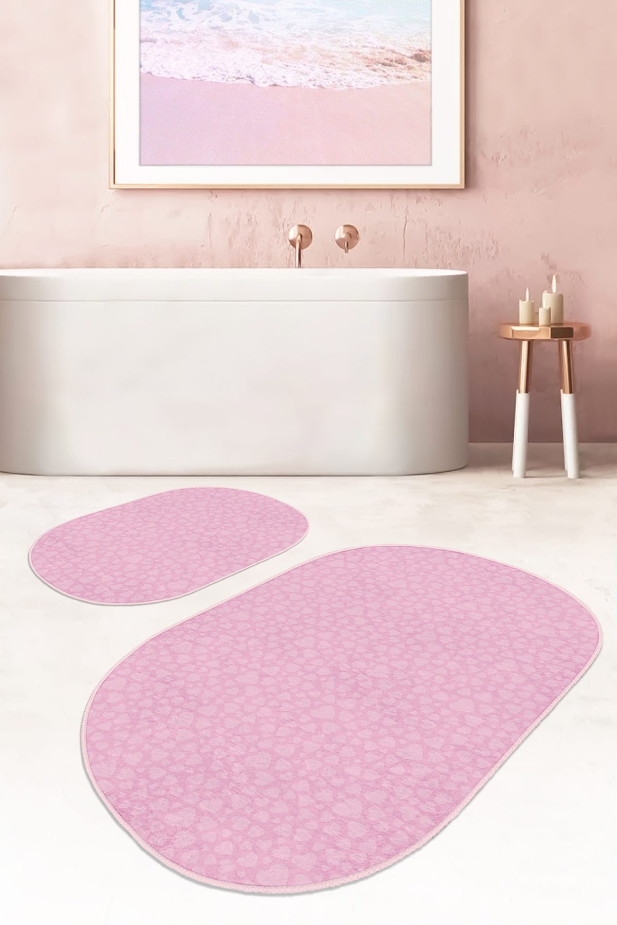 Pembe Temalı Love Tasarımlı Dijital Baskılı 2'li Oval Kaymaz Tabanlı Banyo & Mutfak Paspas Takımı Realhomes