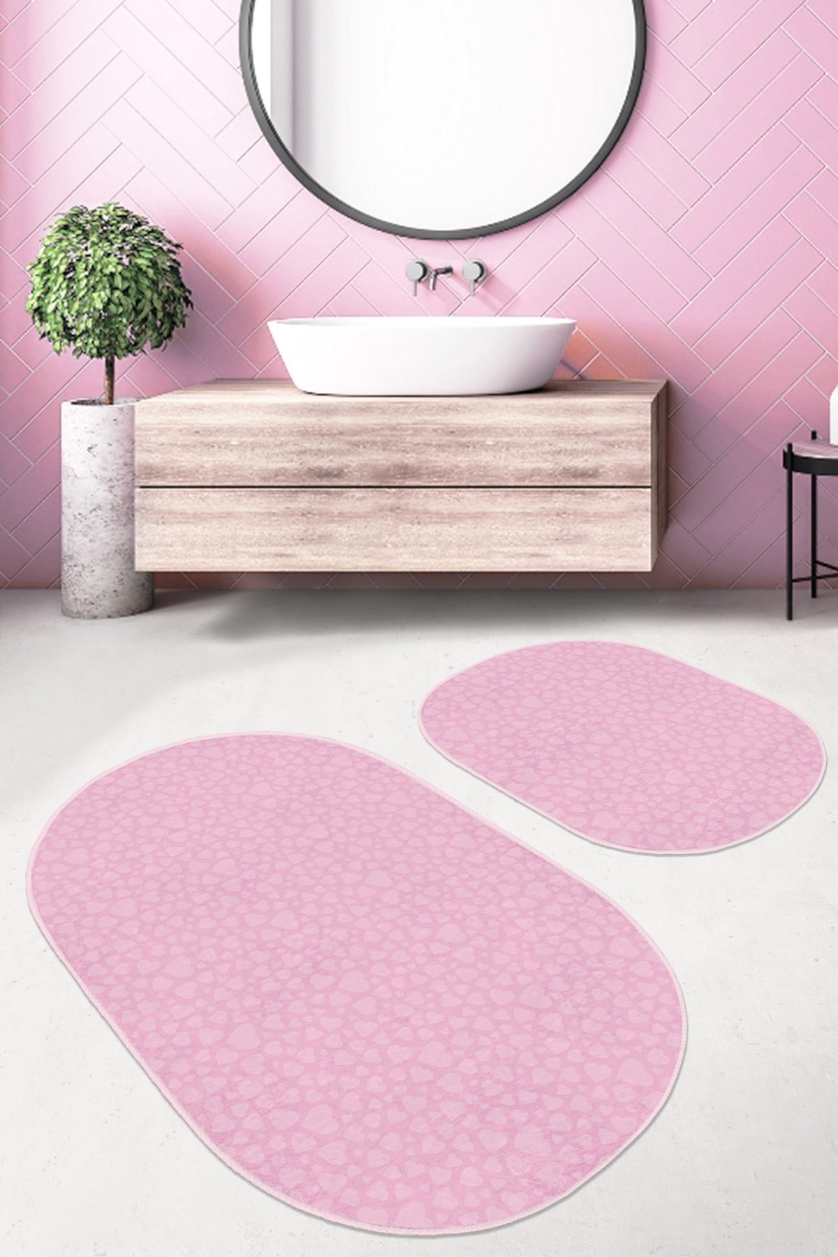 Pembe Temalı Love Tasarımlı Dijital Baskılı 2'li Oval Kaymaz Tabanlı Banyo & Mutfak Paspas Takımı Realhomes