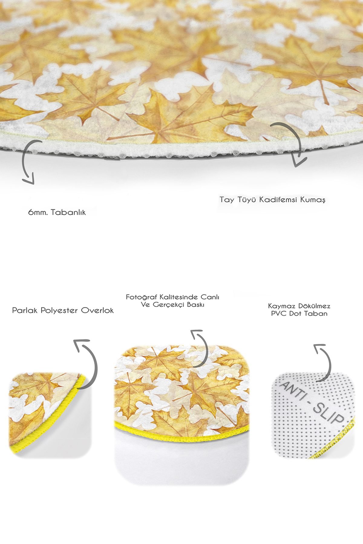 Gold Detaylı Sonbahar Yaprakları Dijital Baskılı 2'li Oval Kaymaz Tabanlı Banyo & Mutfak Paspas Takımı Realhomes