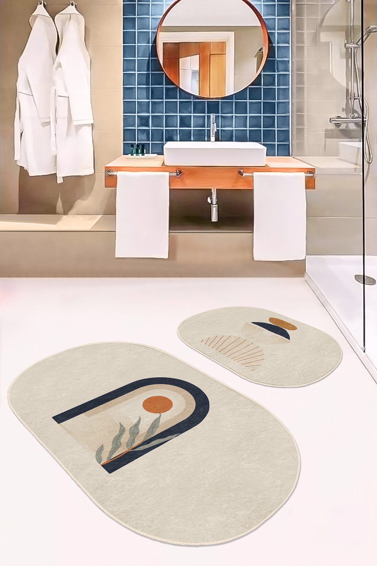 Onedraw Temalı Özel Tasarım Dijital Baskılı 2'li Oval Kaymaz Tabanlı Banyo & Mutfak Paspas Takımı Realhomes