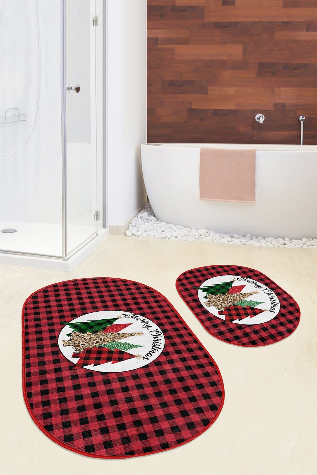 Mery Christmas Temalı Kırmızı Ekoseli 2'li Oval Banyo Halısı Seti & Klozet Paspas Takımı Realhomes