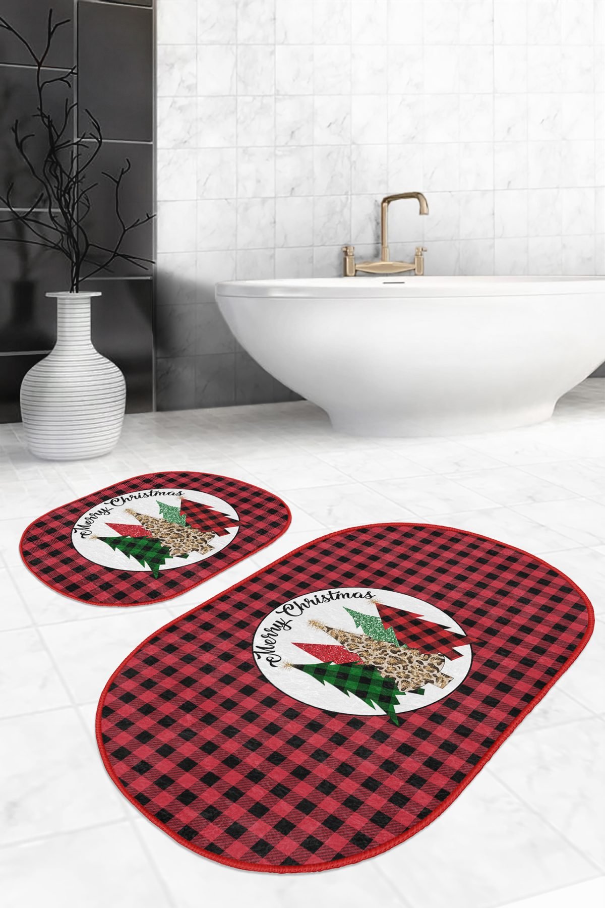 Mery Christmas Temalı Kırmızı Ekoseli 2'li Oval Banyo Halısı Seti & Klozet Paspas Takımı Realhomes