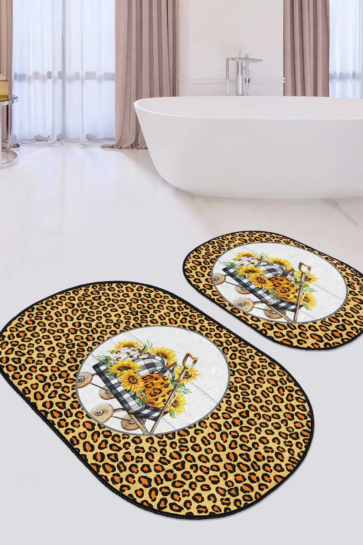 Sarı Zebra Desenli 2'li Oval Kaymaz Tabanlı Banyo Paspas Takımı & Mutfak Paspas Seti Realhomes