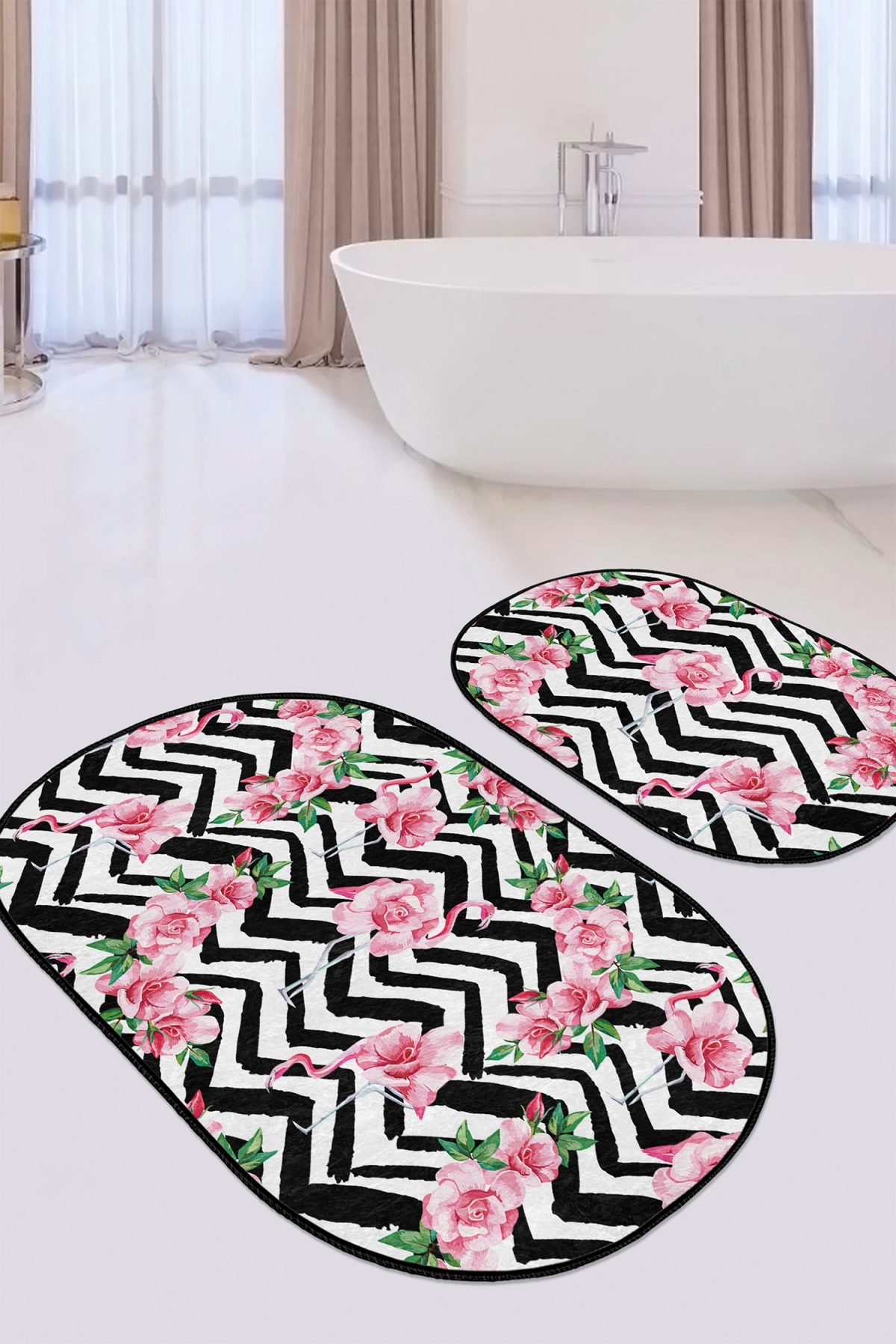 Zigzag Zemin Gül Flamingo Motifli 2'li Oval Kaymaz Tabanlı Banyo & Mutfak Paspas Takımı Realhomes