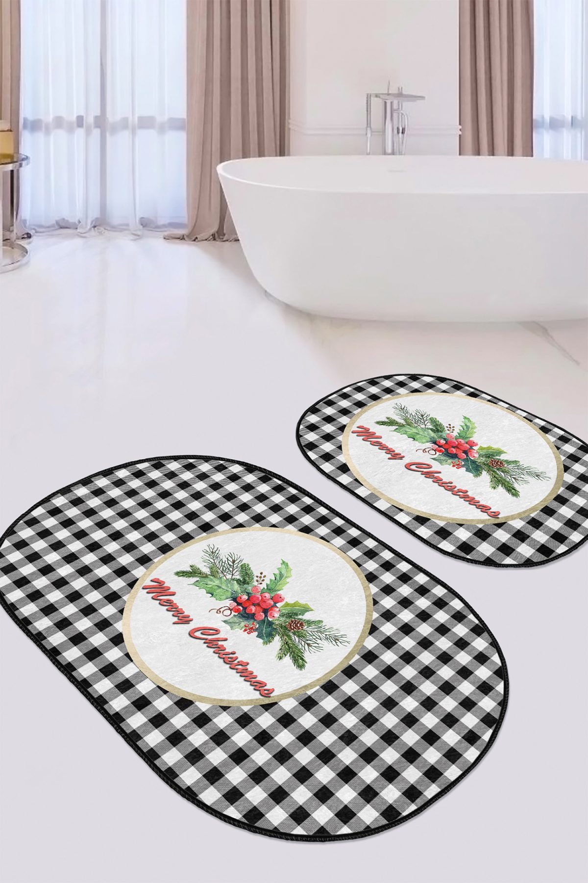 Siyah Ekose Mery Christmas Motifli 2'li Oval Banyo Paspas Takımı & Klozet Paspas Takımı Realhomes