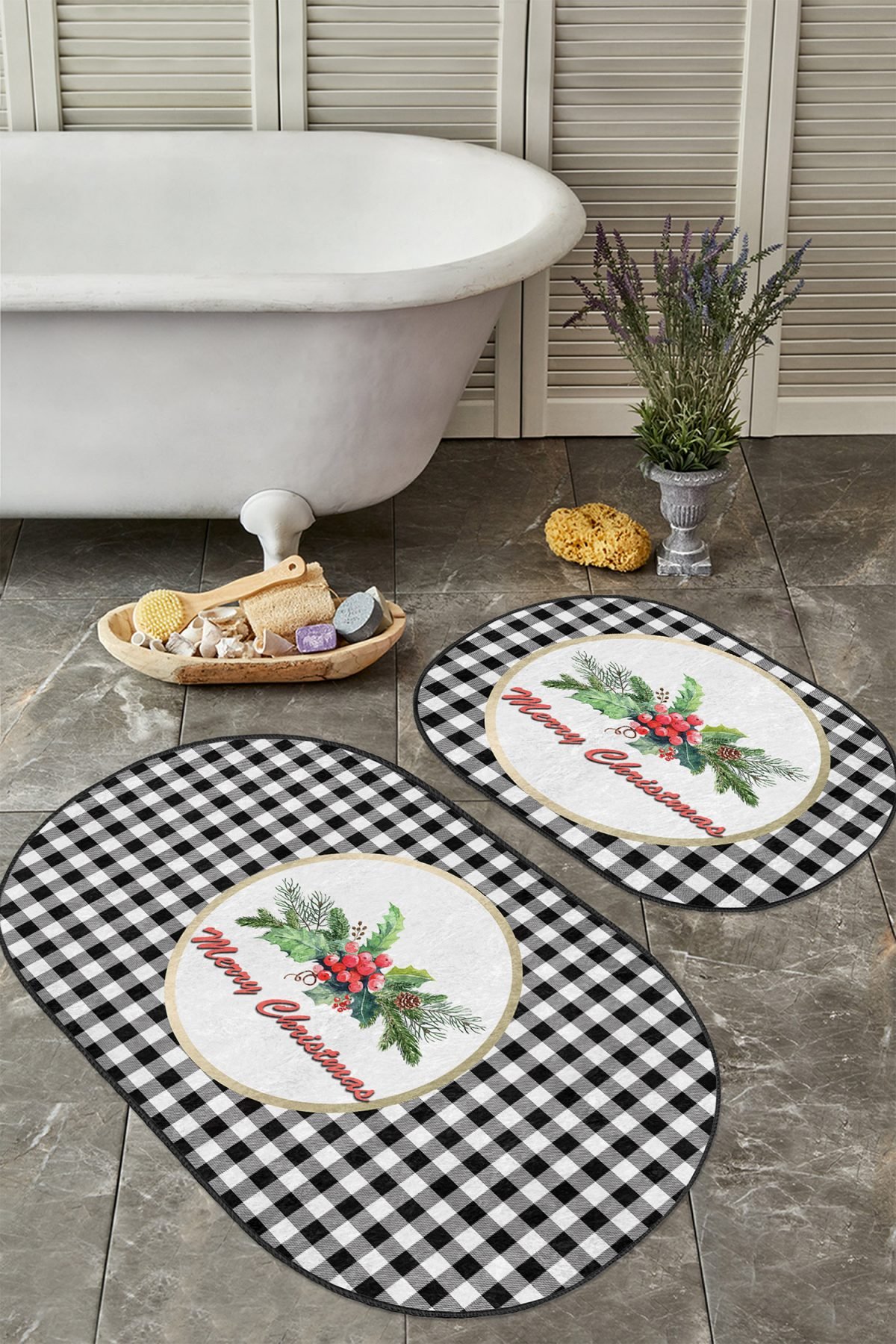 Siyah Ekose Mery Christmas Motifli 2'li Oval Banyo Paspas Takımı & Klozet Paspas Takımı Realhomes