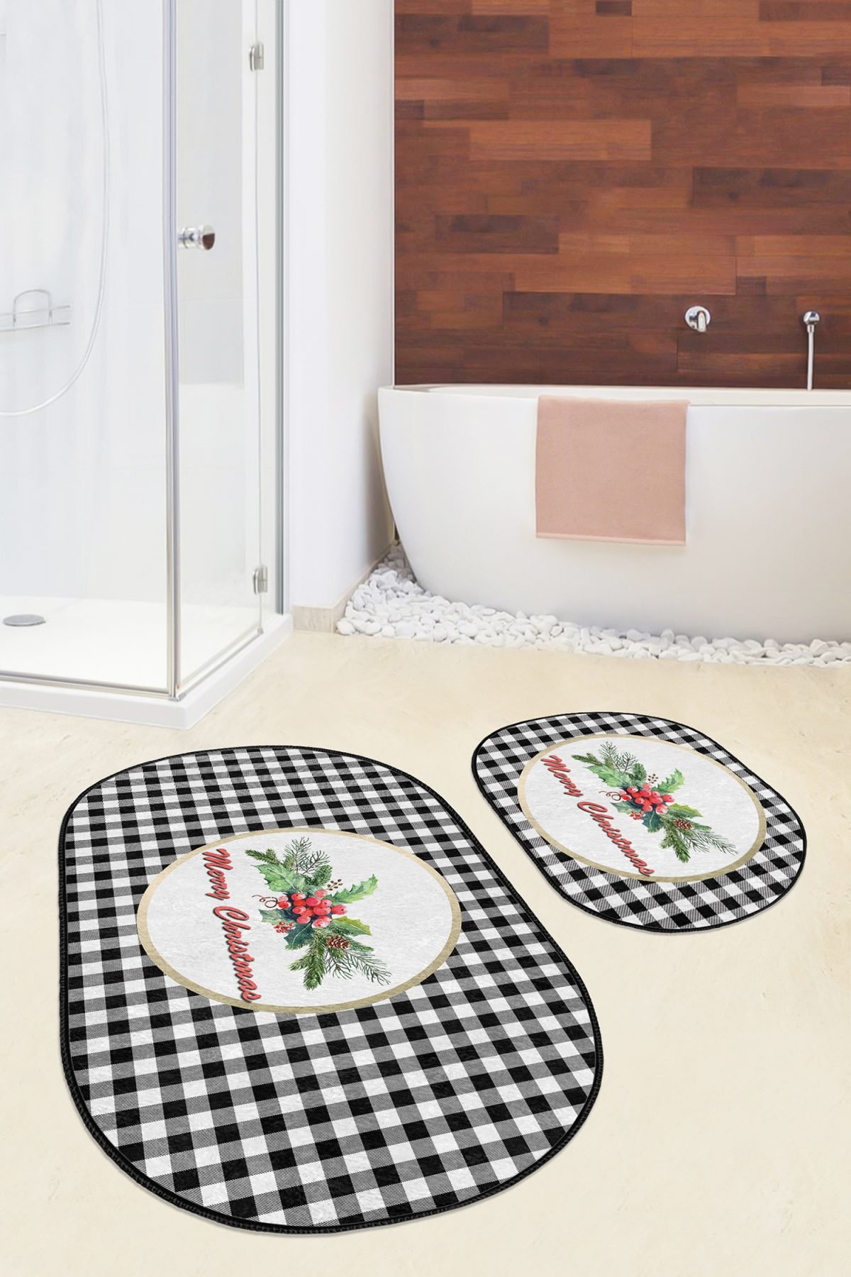 Siyah Ekose Mery Christmas Motifli 2'li Oval Banyo Paspas Takımı & Klozet Paspas Takımı Realhomes