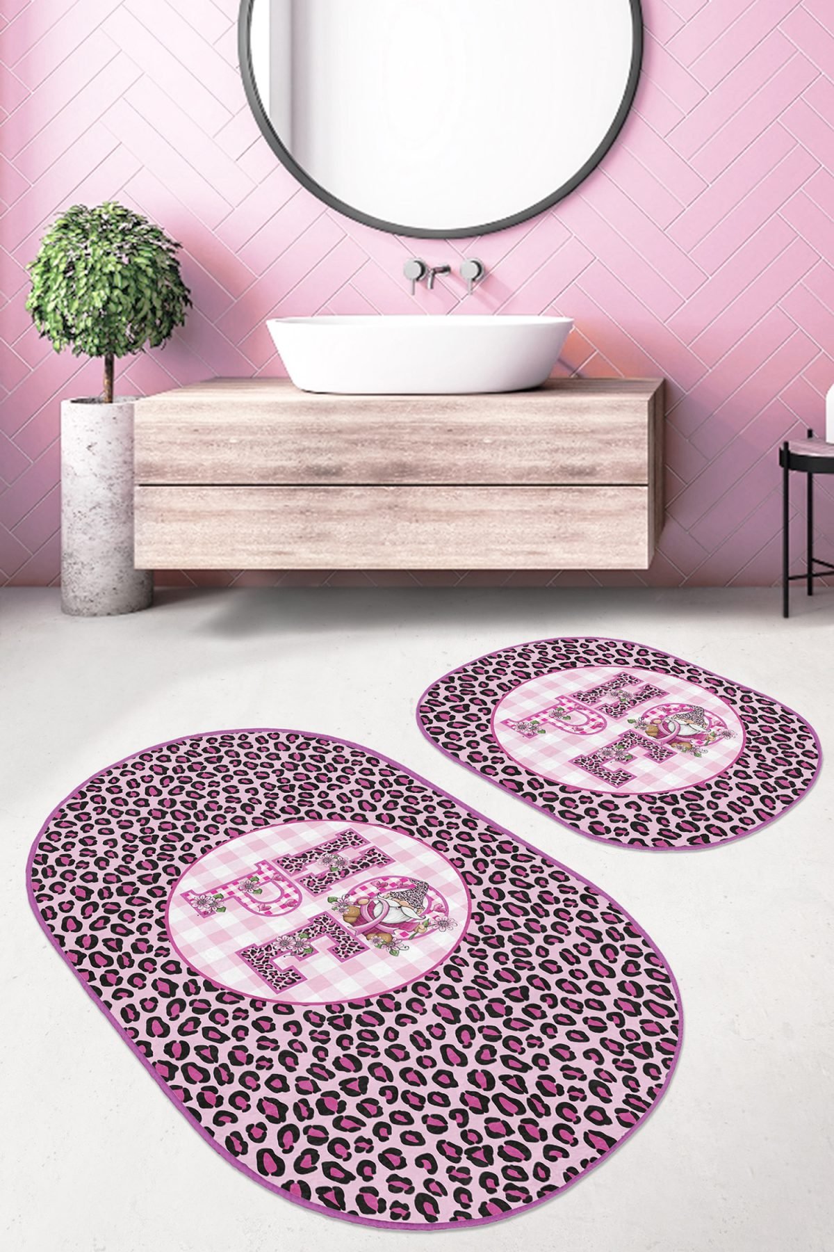 Pembe Zebra Motifli Hope Temalı 2'li Oval Kaymaz Tabanlı Banyo Paspas Takımı & Mutfak Paspas Seti Realhomes