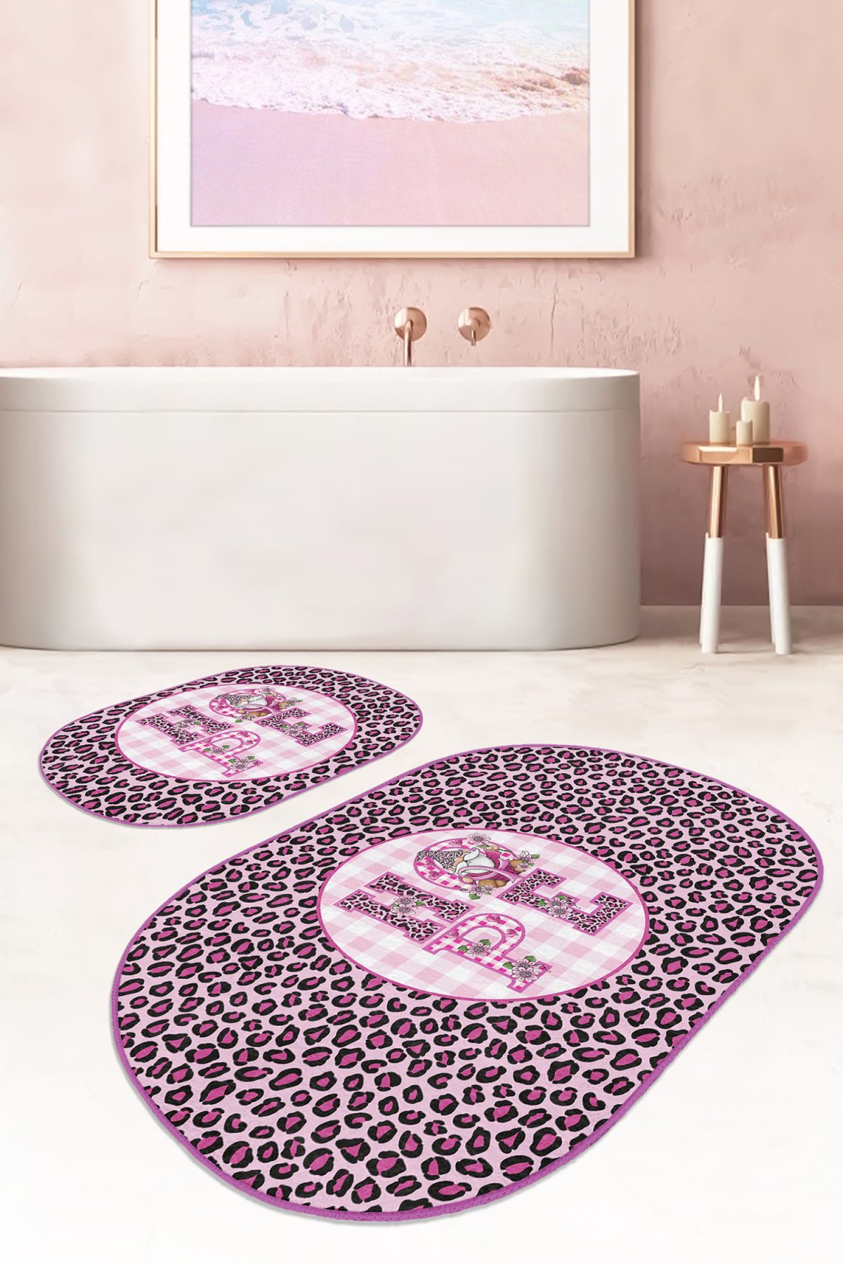 Pembe Zebra Motifli Hope Temalı 2'li Oval Kaymaz Tabanlı Banyo Paspas Takımı & Mutfak Paspas Seti Realhomes