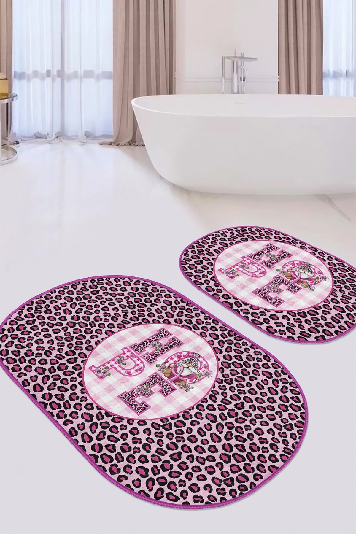 Pembe Zebra Motifli Hope Temalı 2'li Oval Kaymaz Tabanlı Banyo Paspas Takımı & Mutfak Paspas Seti Realhomes