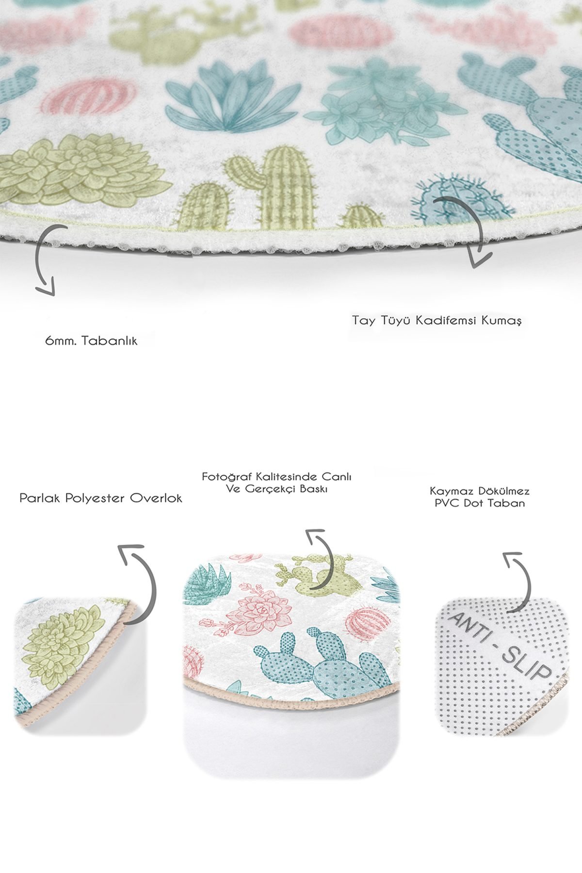 Renkli Kaktüsler Özel Tasarımlı 2'li Oval Kaymaz Tabanlı Banyo & Mutfak Paspas Takımı Realhomes
