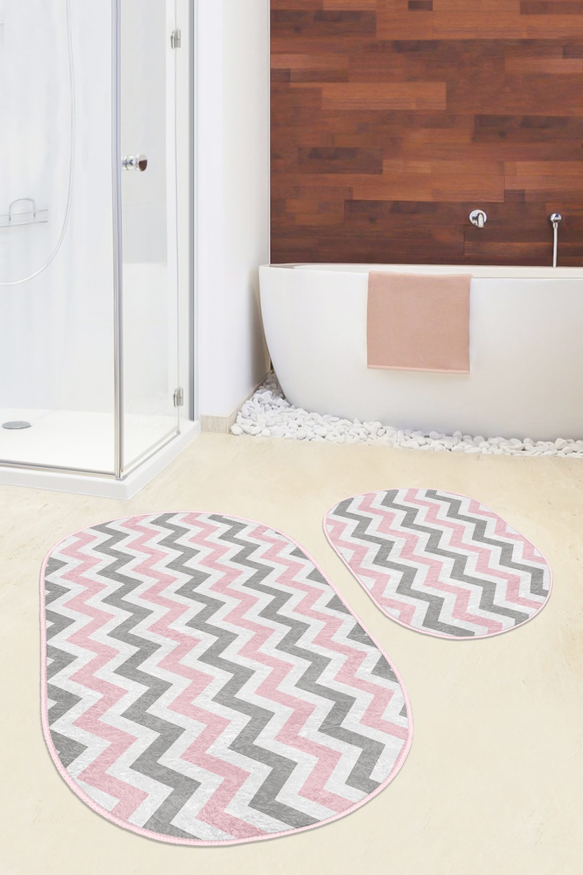 Pembe Gri Zigzag Motifli 2'li Oval Kaymaz Tabanlı Banyo & Mutfak Paspas Takımı Realhomes