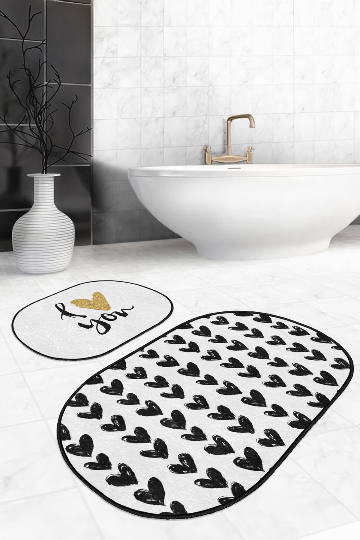 I Love You Kalp Motifli 2'li Oval Kaymaz Tabanlı Banyo & Mutfak Paspas Takımı Realhomes