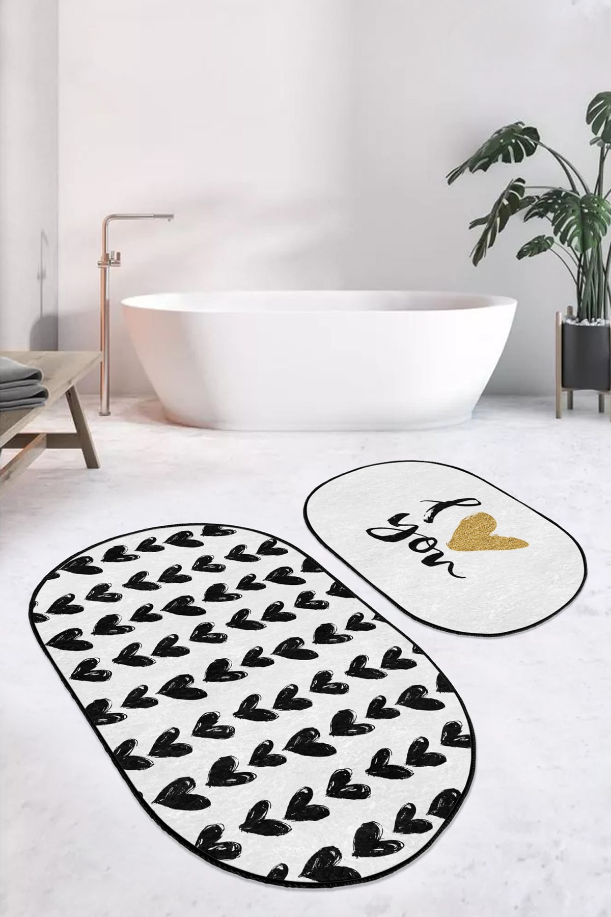 I Love You Kalp Motifli 2'li Oval Kaymaz Tabanlı Banyo & Mutfak Paspas Takımı Realhomes