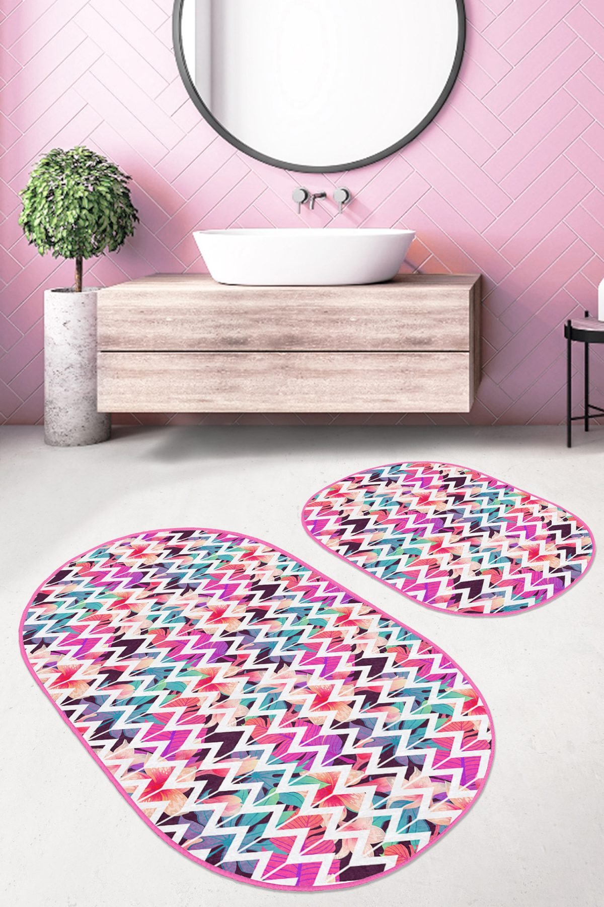 Renkli Tropik Yaprak Zigzag Motifli 2'li Oval Kaymaz Tabanlı Banyo & Mutfak Paspas Takımı Realhomes