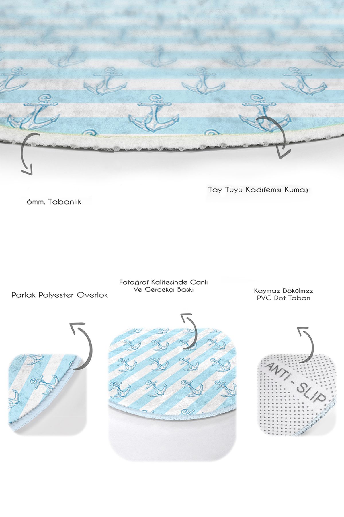 Denizci Temalı Çapa Tasarımlı 2'li Oval Kaymaz Tabanlı Banyo & Mutfak Paspas Takımı Realhomes