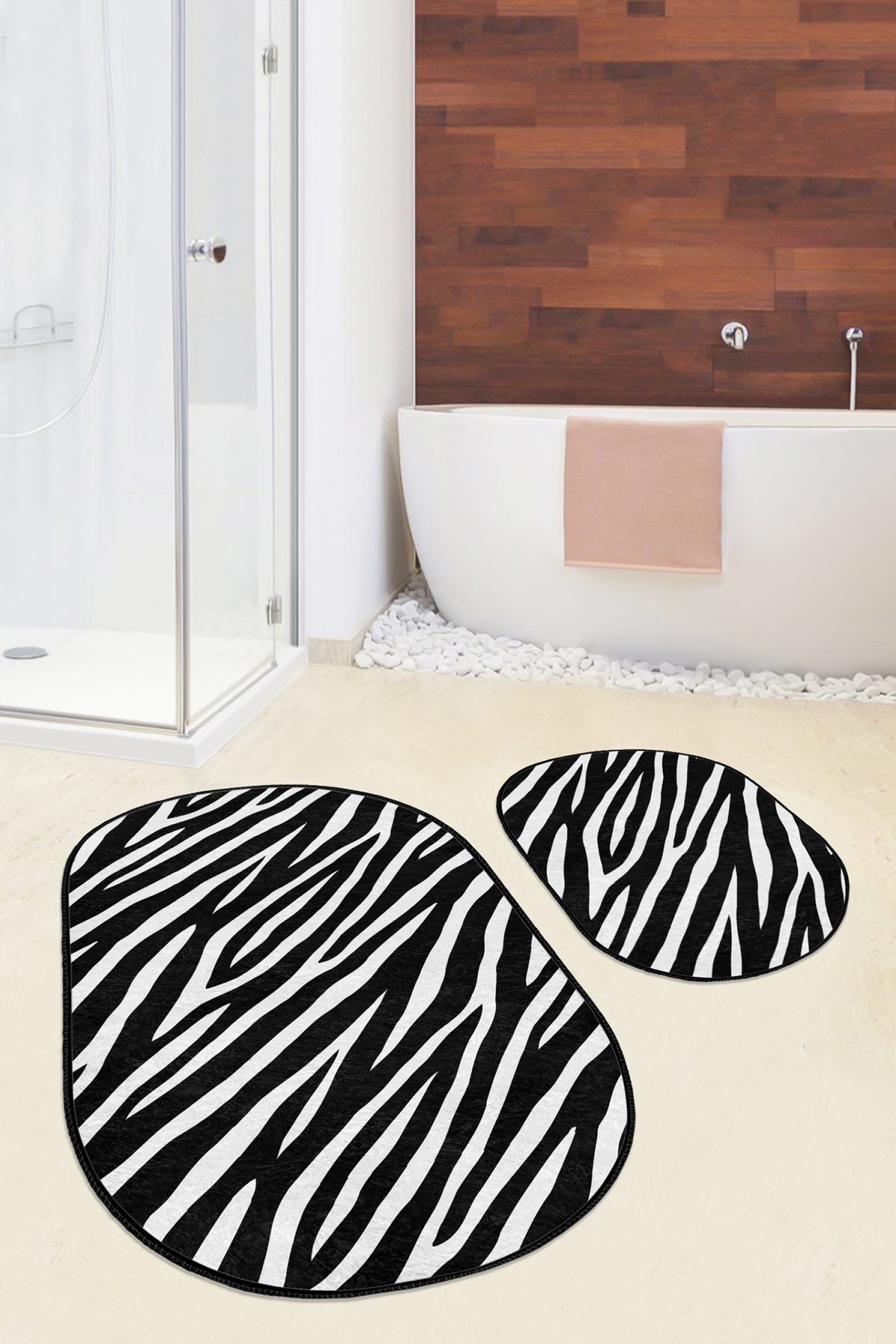 Siyah Beyaz Zebra Desen Motifli 2'li Oval Kaymaz Tabanlı Banyo & Mutfak Paspas Takımı Realhomes