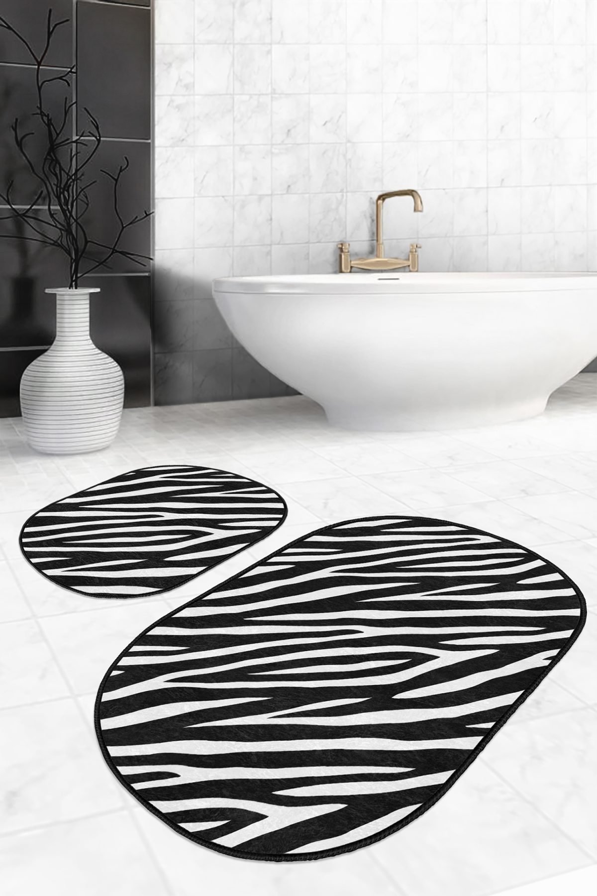 Siyah Beyaz Zebra Desen Motifli 2'li Oval Kaymaz Tabanlı Banyo & Mutfak Paspas Takımı Realhomes