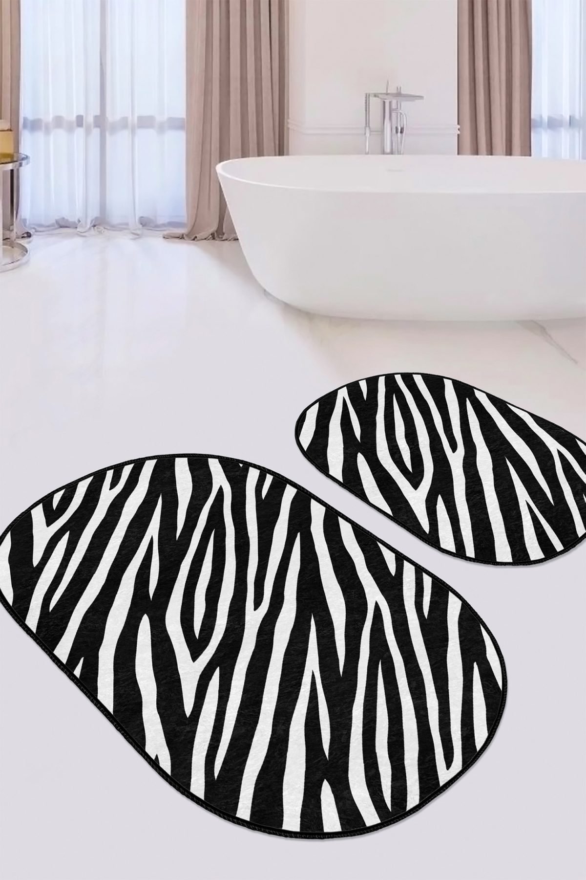 Siyah Beyaz Zebra Desen Motifli 2'li Oval Kaymaz Tabanlı Banyo & Mutfak Paspas Takımı Realhomes