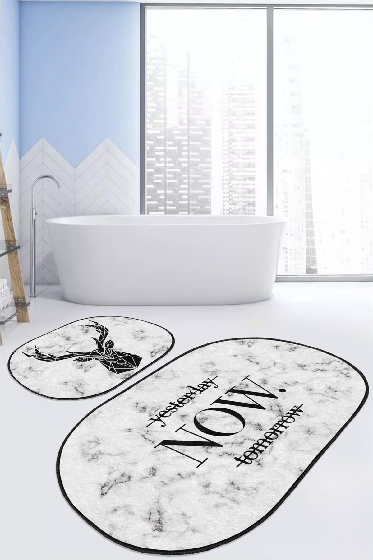 Mermer Zemin Geyik Y.N.T. Tasarımlı 2'li Oval Kaymaz Tabanlı Banyo & Mutfak Paspas Takımı Realhomes
