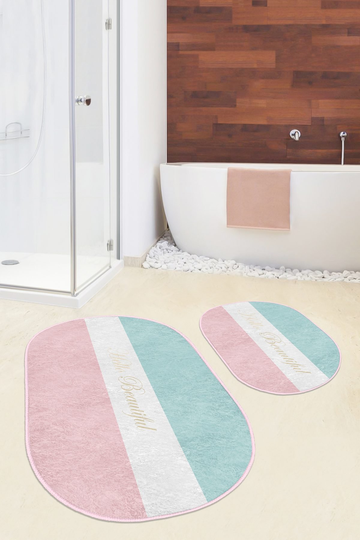 Soft Renkli Hello Beatiful Temalı 2'li Oval Kaymaz Tabanlı Banyo & Mutfak Paspas Takımı Realhomes