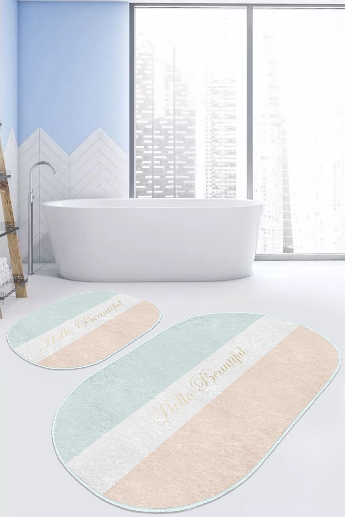 Soft Renkli Hello Beatiful Tasarımlı 2'li Oval Kaymaz Tabanlı Banyo & Mutfak Paspas Takımı Realhomes