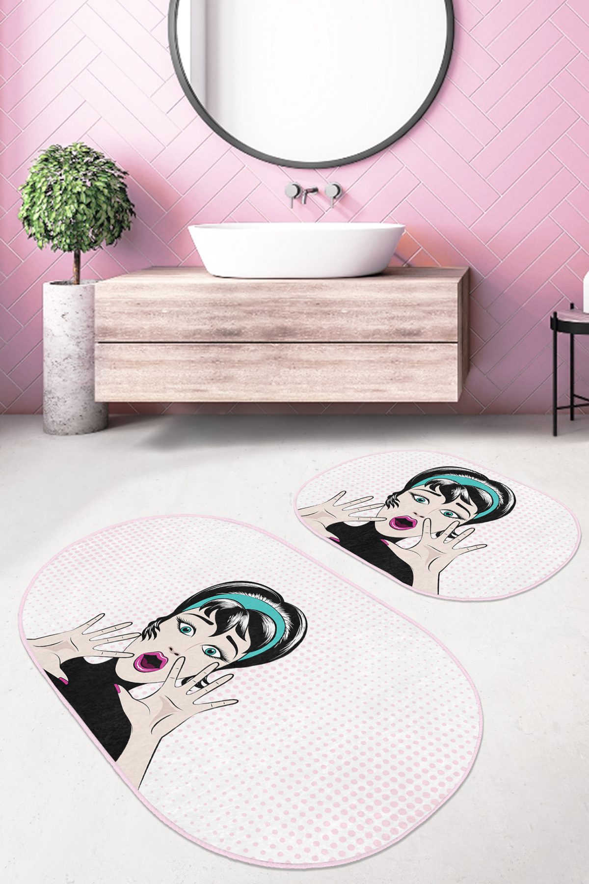 Şaşkın Pop-Art Dijital Baskılı 2'li Oval Kaymaz Tabanlı Banyo & Mutfak Paspas Takımı Realhomes