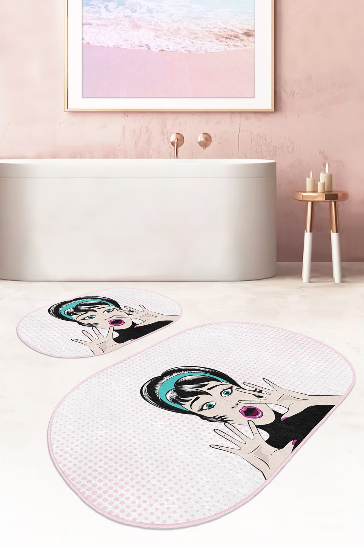 Şaşkın Pop-Art Dijital Baskılı 2'li Oval Kaymaz Tabanlı Banyo & Mutfak Paspas Takımı Realhomes